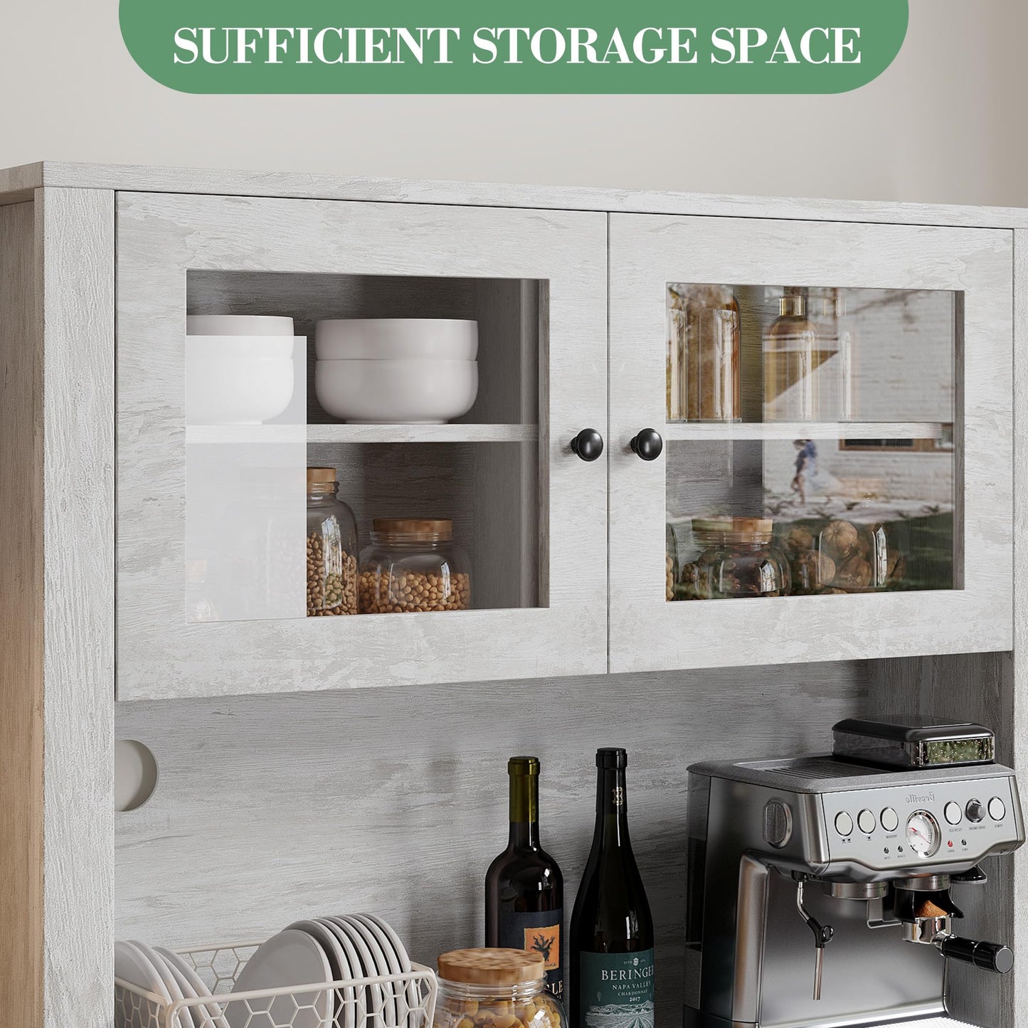 IDEALHOUSE Modern Kitchen Pantry Cabinet, Microwave Storage Stand, Engineered Wood Food Organizer Cabinet with Multi Compartments, for Home Kitchen Dining Area, Gray