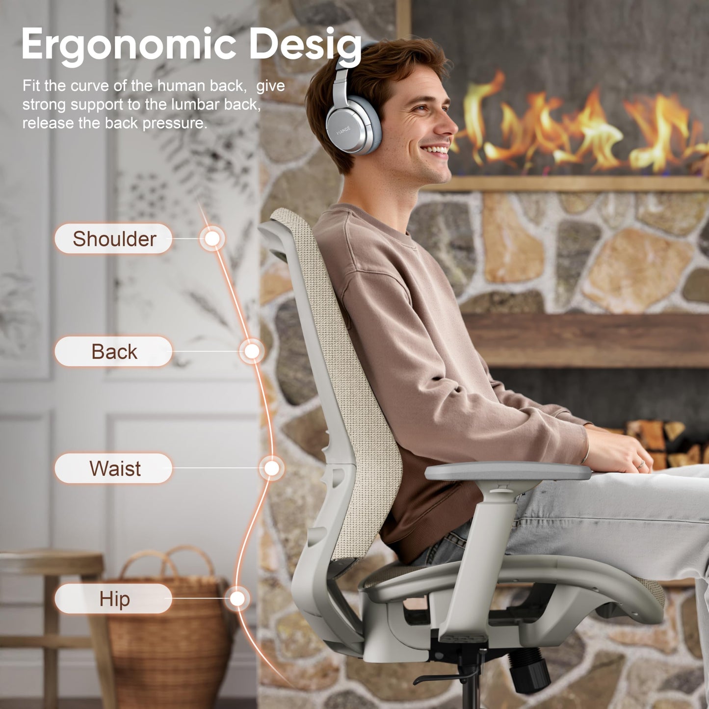 ELABEST Mesh Office Chair,Ergonomic Computer Desk Chair,Sturdy Task Chair- Adjustable Lumbar Support & Armrests,Tilt Function,Comfort Wide Seat,Swivel Home Office Chair (Beige)
