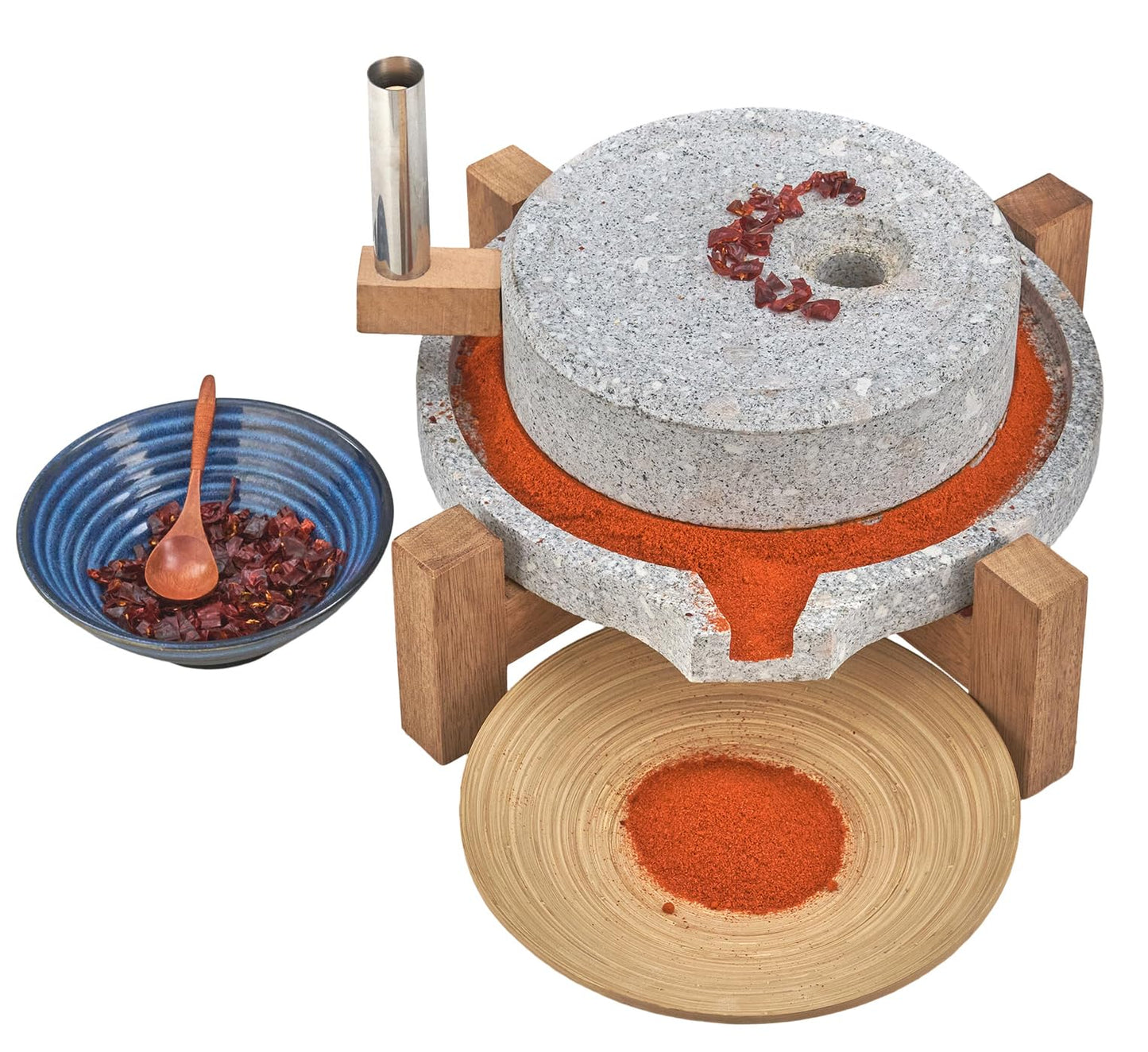 Stone Grain Mill - Manual Flour Mill with Stable Wood Base, Natural Granite Stone Grinder Mill for Dry & Wet Use, Home Kitchen Tool (9.8 x 13.8 inch)