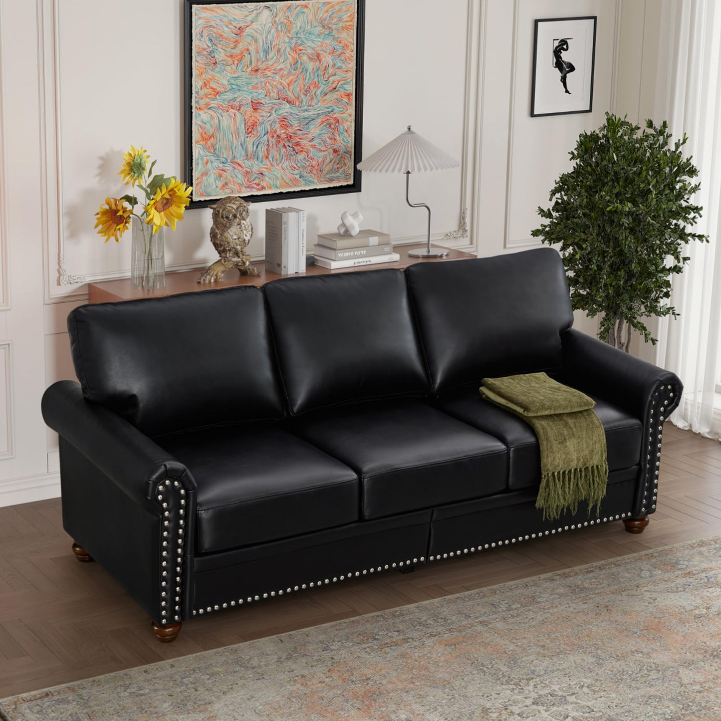 KEIKI Retro 82.68" Chesterfield Sofa, Upholstered Faux Leather PU Couch with Storage Space, Rolled Arm, Nailhead for Living Room Bedroom Office Apartment, Black
