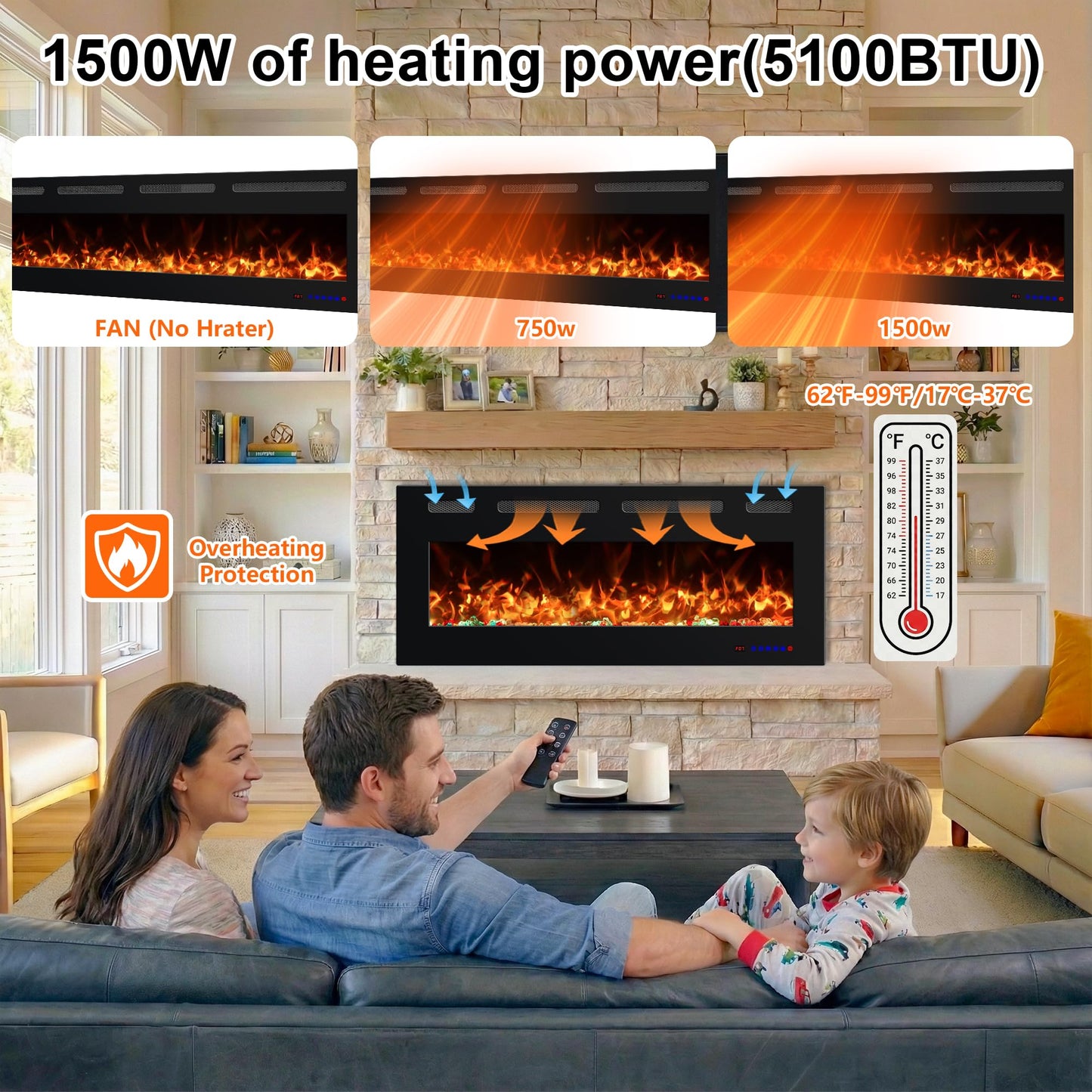 Oxhark Flame 72 Inches Electric Fireplace, Wall Mounted Fireplace Inserts Electric Heater, Flame Effects Like Real Flame, Low Noise, Timer & Thermostat Setting, 750W/1500W