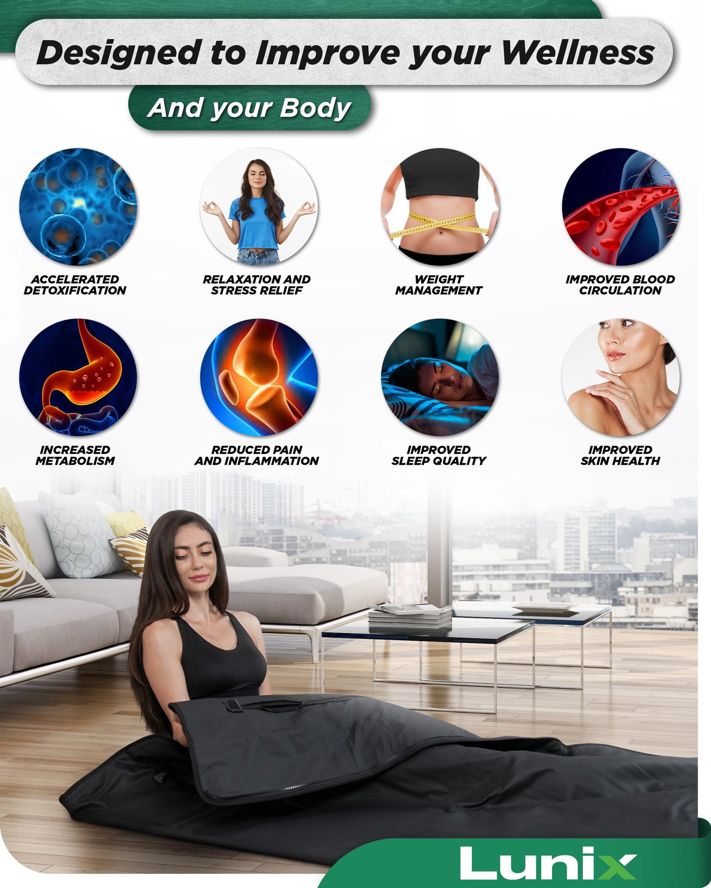Lunix LX17 Infrared Sauna Blanket, Portable Sauna Bag for Relaxation, Detox & Stress Relief, Adjustable Heat 77–176°F, Far Infrared Blanket with Pillow, Wrap & Hot Cold Gel Pack – Jet Black
