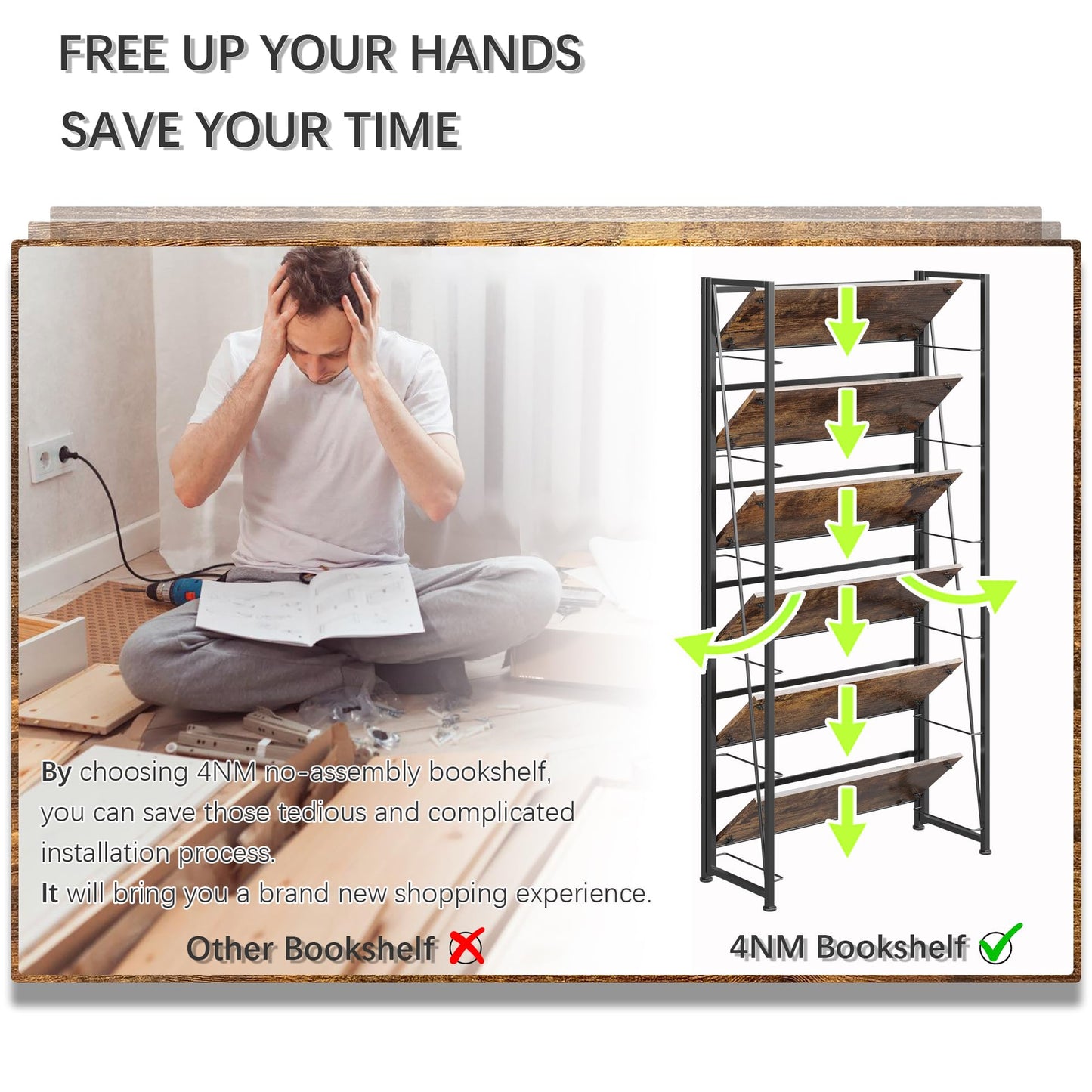 4NM No Assembly Folding Bookshelf, 6-Shelf 74" H Collapsible Foldable Bookcase Storage for Small Spaces, Rustic Brown and Black