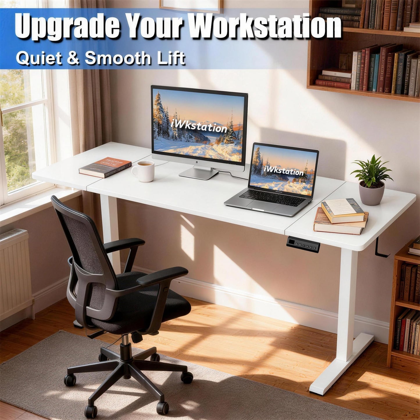iWkstation Standing Desk with Splice Board Adjustable Height- 63 inch Mobile Stand up Desk with Wheels, Portable Sit Stand Desks Electric with Lockable Casters
