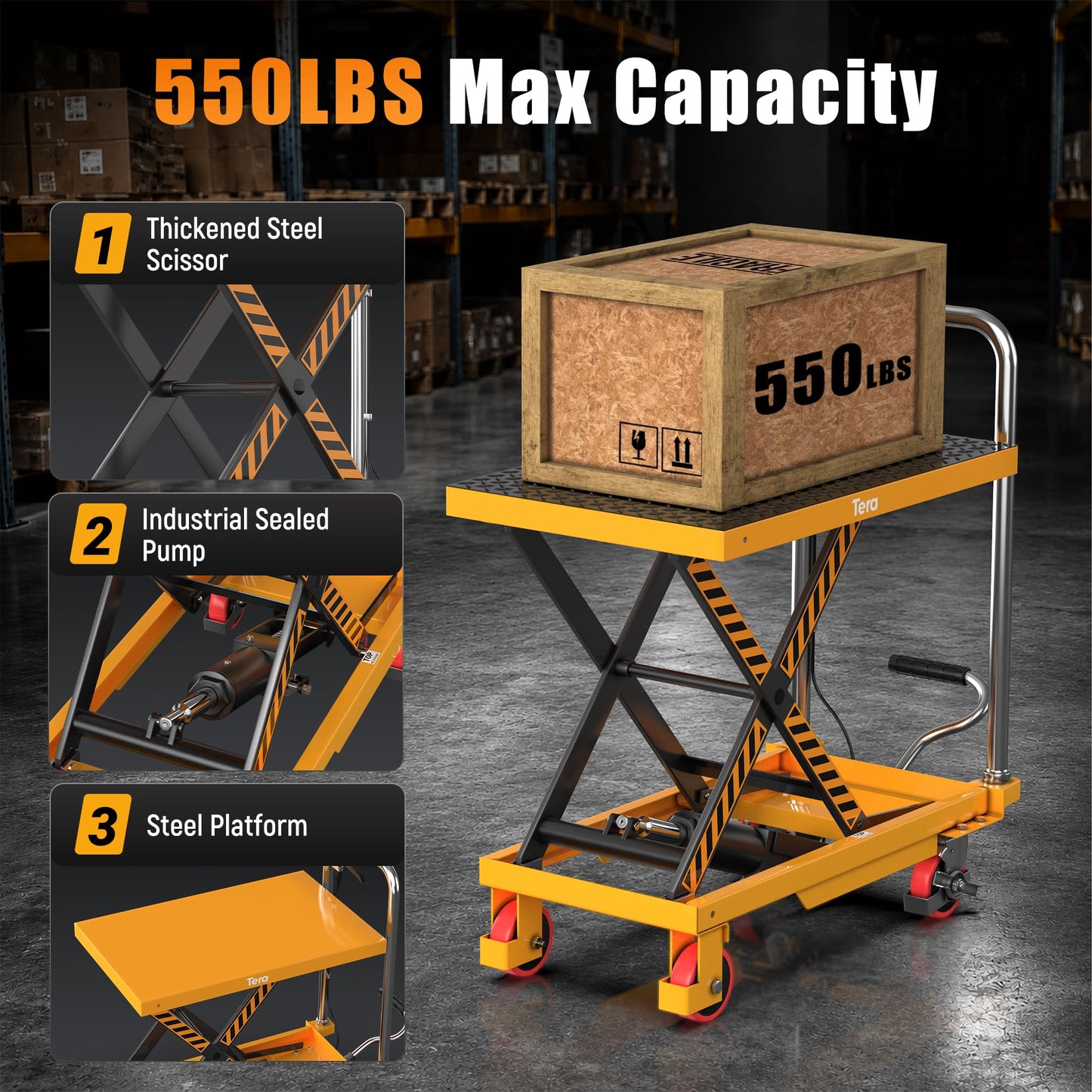 Tera Hydraulic Lift Table Cart: 550lbs Single Scissor 8.3"-28.5" Lift Range