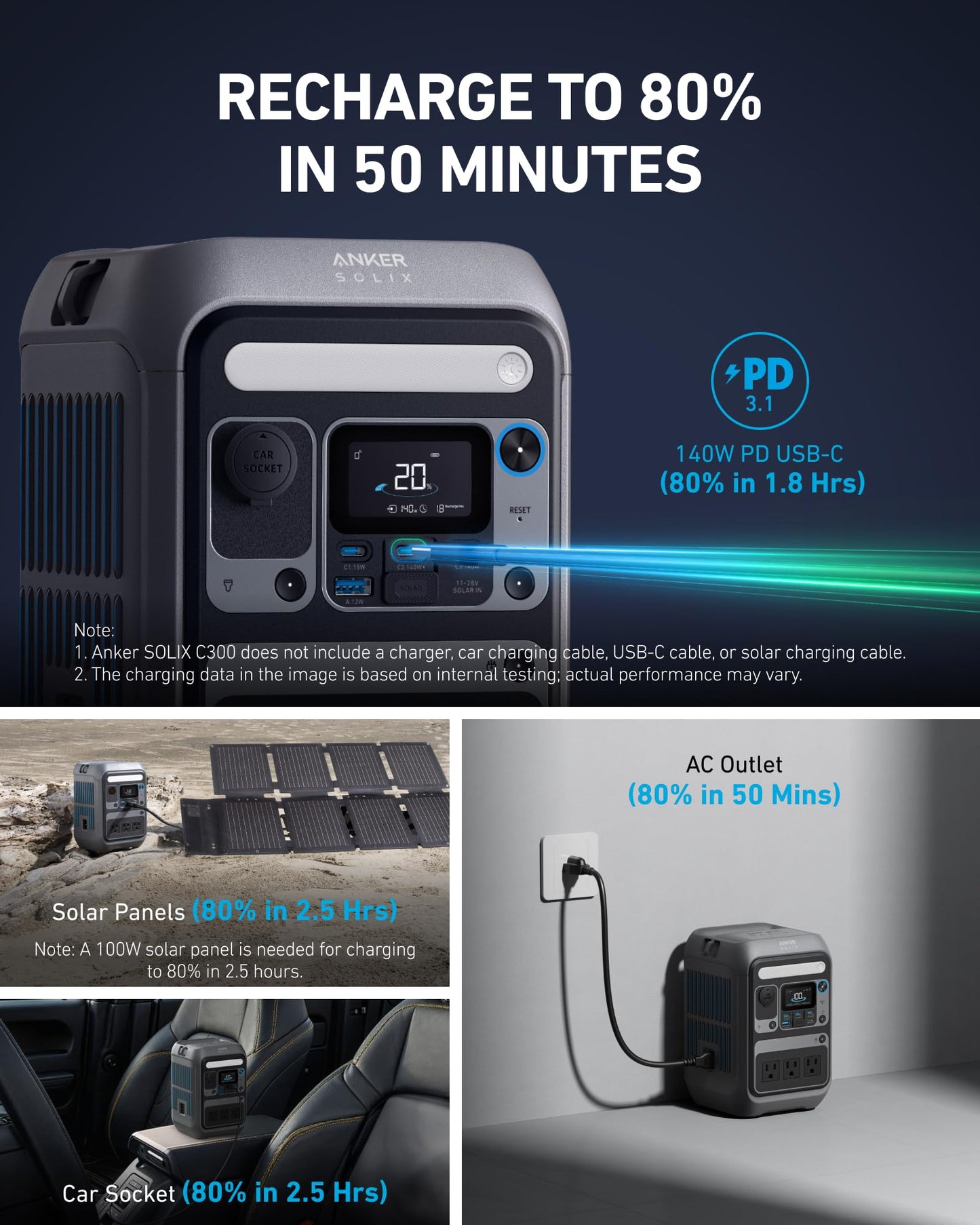 Anker Portable Power Station SOLIX C300, 288Wh LiFePO4 Backup Battery, 300W Solar Generator, 140W Two-Way Fast Charging, for Camping, Hunting, Travel, Blackout & Emergencies (Solar Panel Optional)