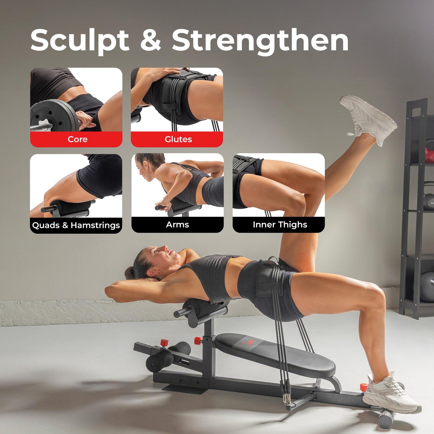 Sunny Health & Fitness Hip Thrust Machine for Home Gym, Multifunction Glute Trainer & Squat Machine, Core Workout Equipment with Resistance Bands, Adjustable Space-Saving Design