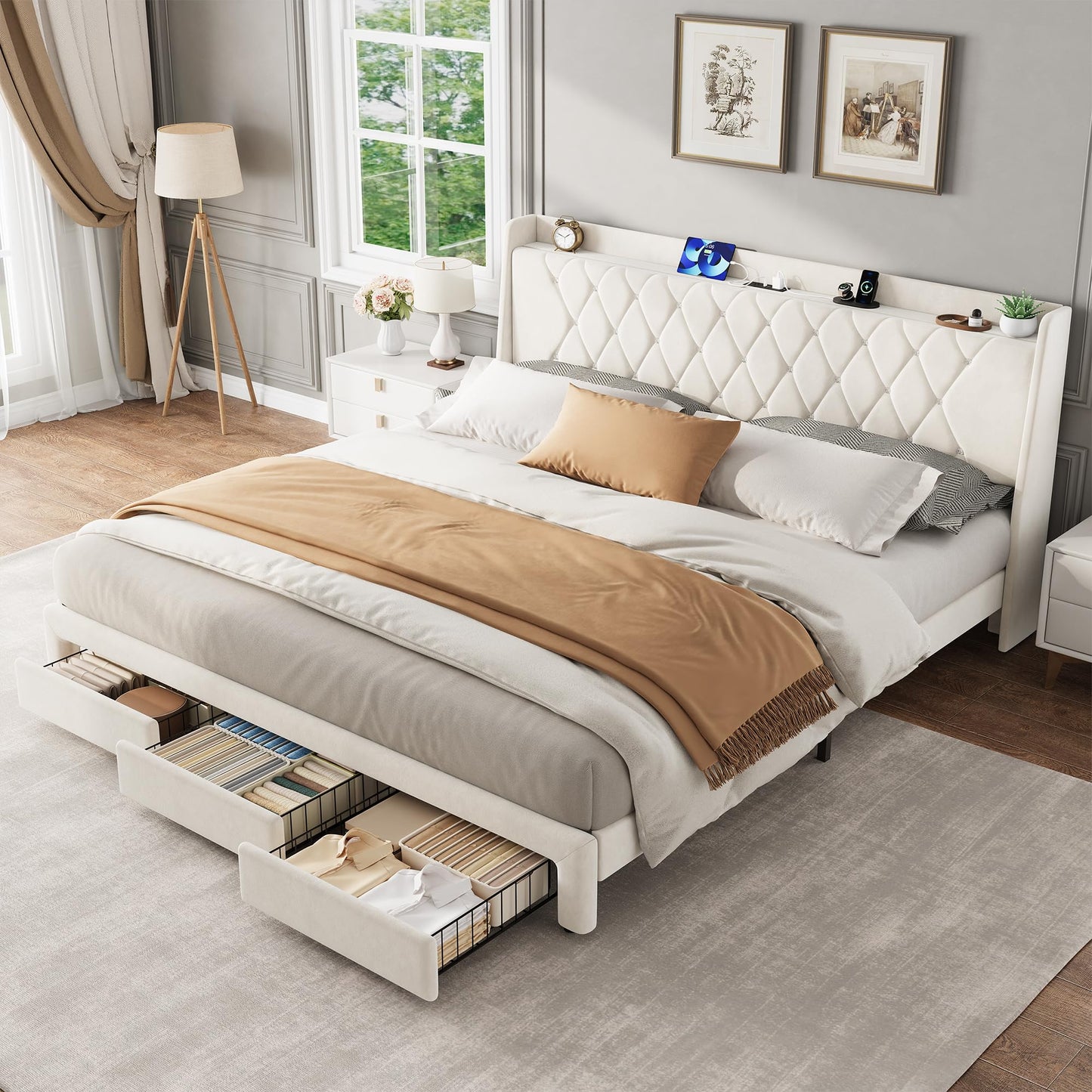 Garvee King Size Bed Frame with Storage, Velvet Upholstered Platform Bed Frame with Crystal Tufted Headboard, Charging Station, 3 Drawers, No Box Spring Needed, Noise-Free,for Bedroom, Ivory