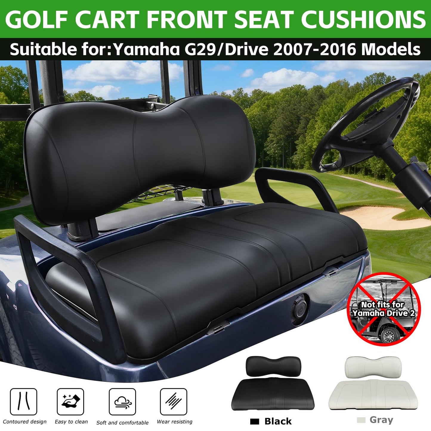 Shu-Ran Golf Cart Front Seat Bottom and Back Rest Cushion Assembly Kit Replacement for Yamaha G29/Drive 2007-2016,Black