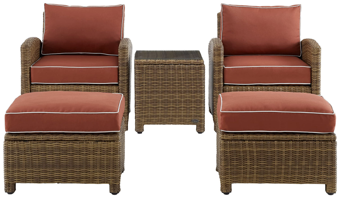 Crosley Furniture Bradenton 5-Piece Outdoor Chair Patio Furniture Set, Wicker Conversation Sets for Porch, Weathered Brown with Sangria Cushions