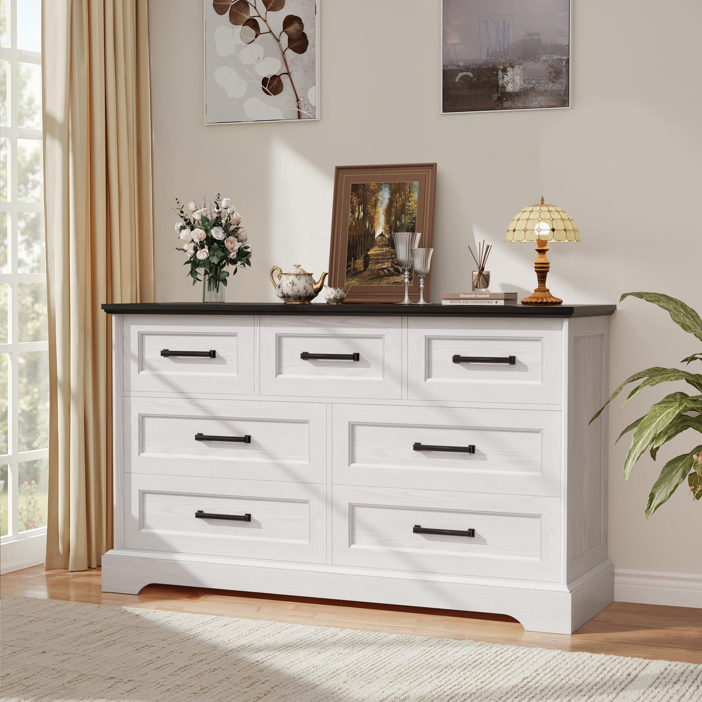 YESHOMY Dresser for Bedroom, Farmhouse 7 Drawers Dresser, Chest of Drawer Chest, Multi-Tier Clothing Storage Cabinet, White and Black