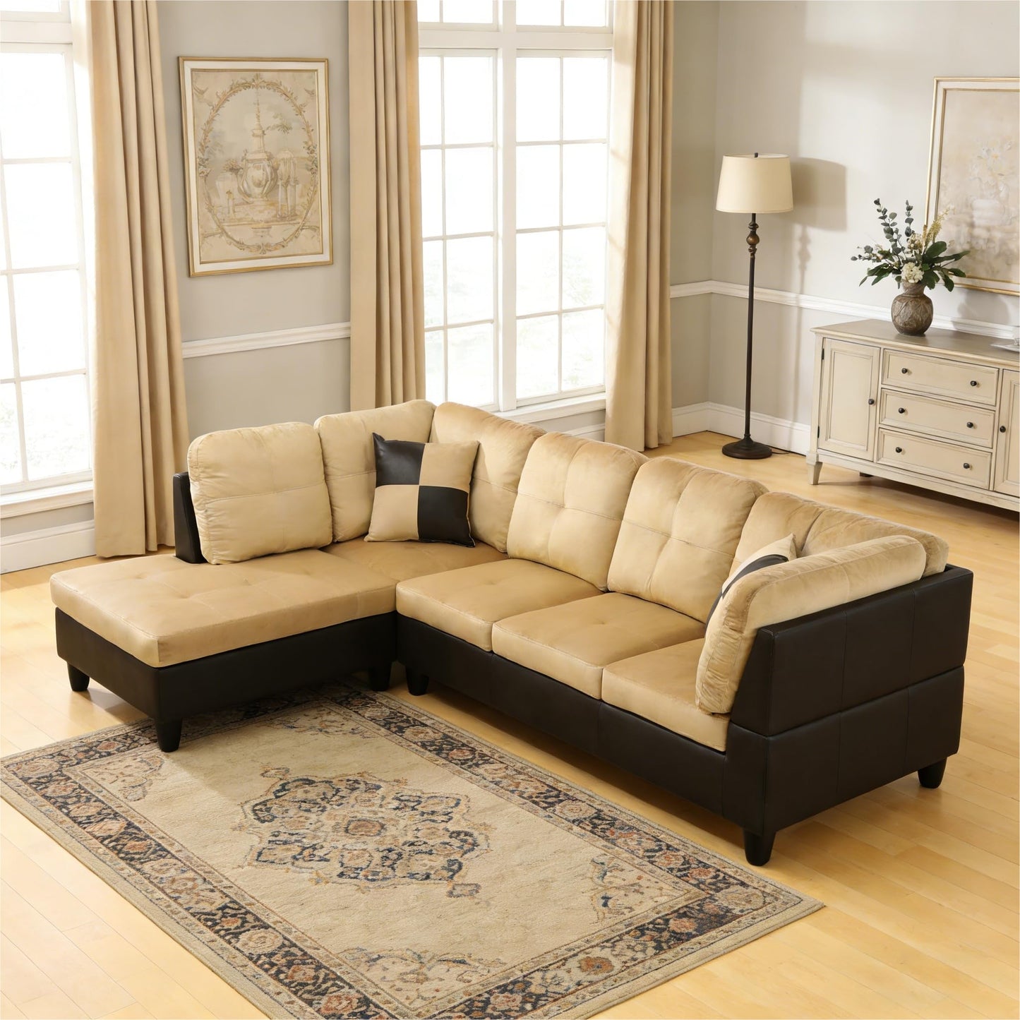 Trygoal 103.5 Inch Modern L-Shaped Couch, Flannel Sectional Sofa with Chaise Lounge, 4-Seater Couch with Accent Pillows for Living Room, Apartment, Beige and Brown
