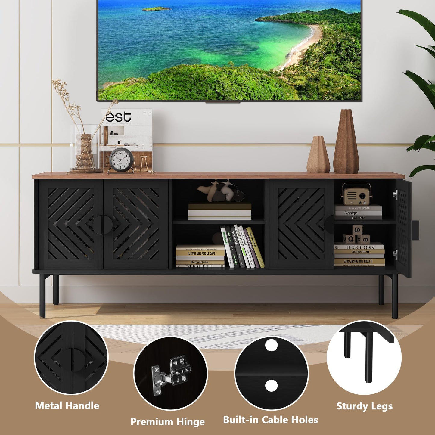 ARTPOWER 63" Modern TV Stands for Living Room, Long Entertainment Center with Storage, TV Console for 55 60 65 70 Inch TV, Bedroom TV Cabinet with Doors, Wood Media Console, Television Stand, Black