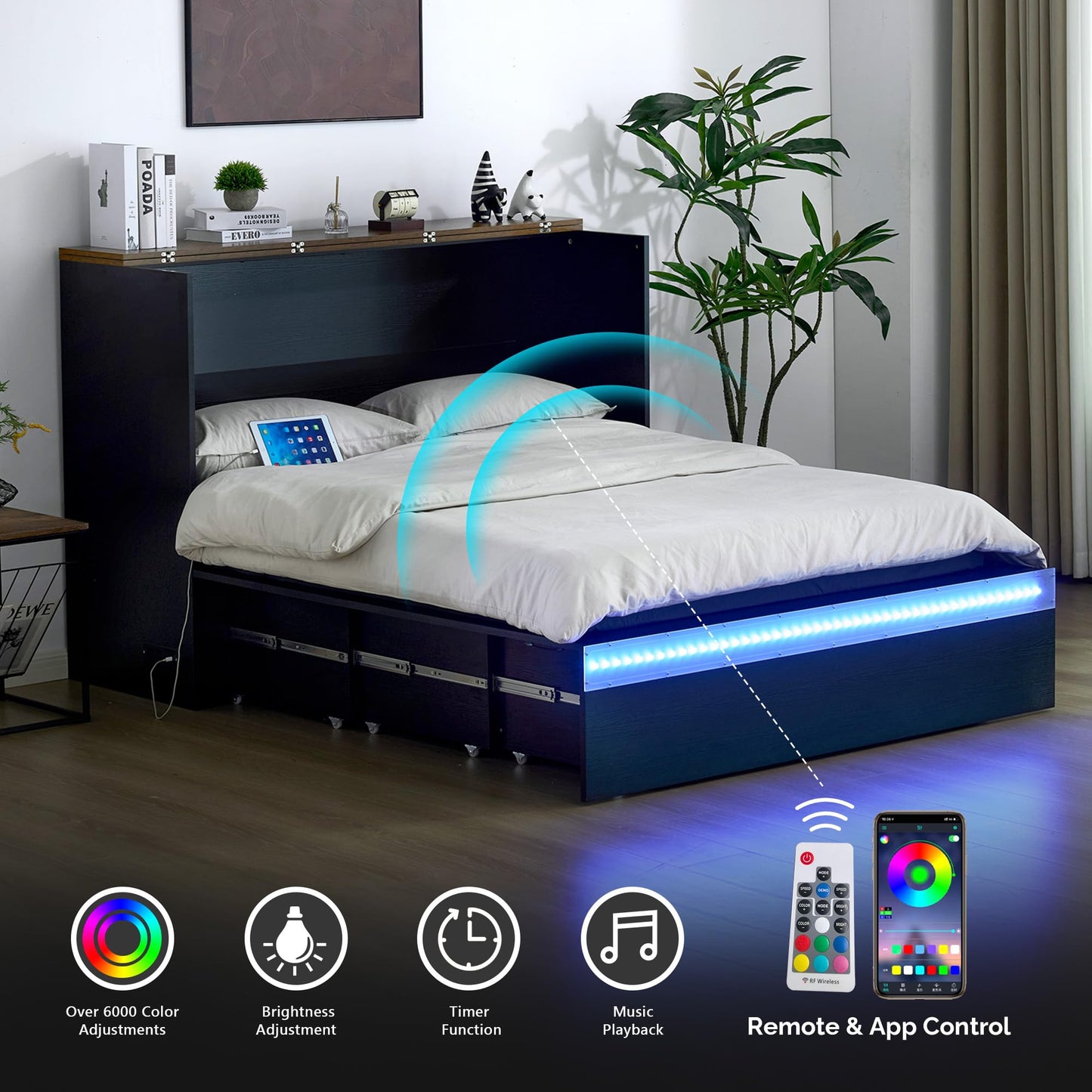 VINGLI Queen Size Murphy Bed with Storage Drawer,Smart LED Lighting,Built-in 2 Charging Stations, Space-Saving Cabinet Bedfor Kids,Adults & Guests,Classic Black