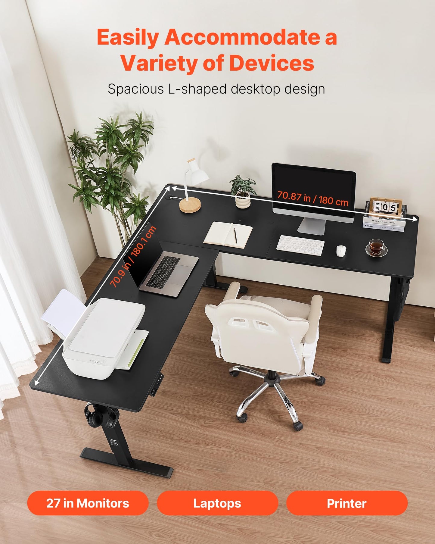VEVOR L Shaped Standing Desk 71 x 71 inch, 3 Memory Height Adjustable, Electric Corner Standing Desk with Dual Motor, 2 Hooks & Cable Hole, Heavy Duty Carbon Steel Sit Stand Computer Workstation Table