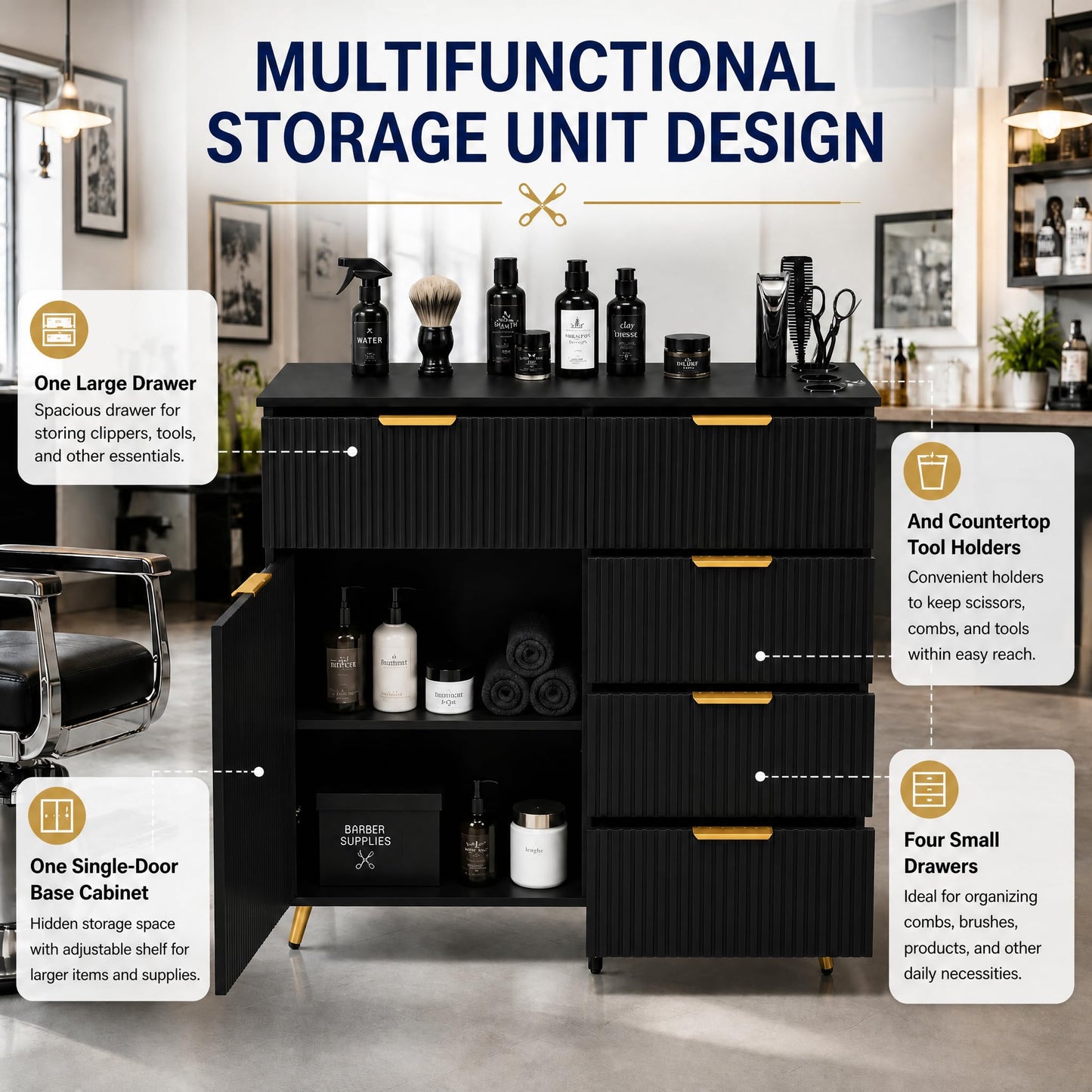 Merax Barber Salon Station with Fluted Design, Gold Metal Legs & Handles, Multi-Zone Storage, 3 Hair Dryer Holders & Barber Storage Cabinet, 5 Drawers, Easy Assembly for Salons Barber Shop, Black