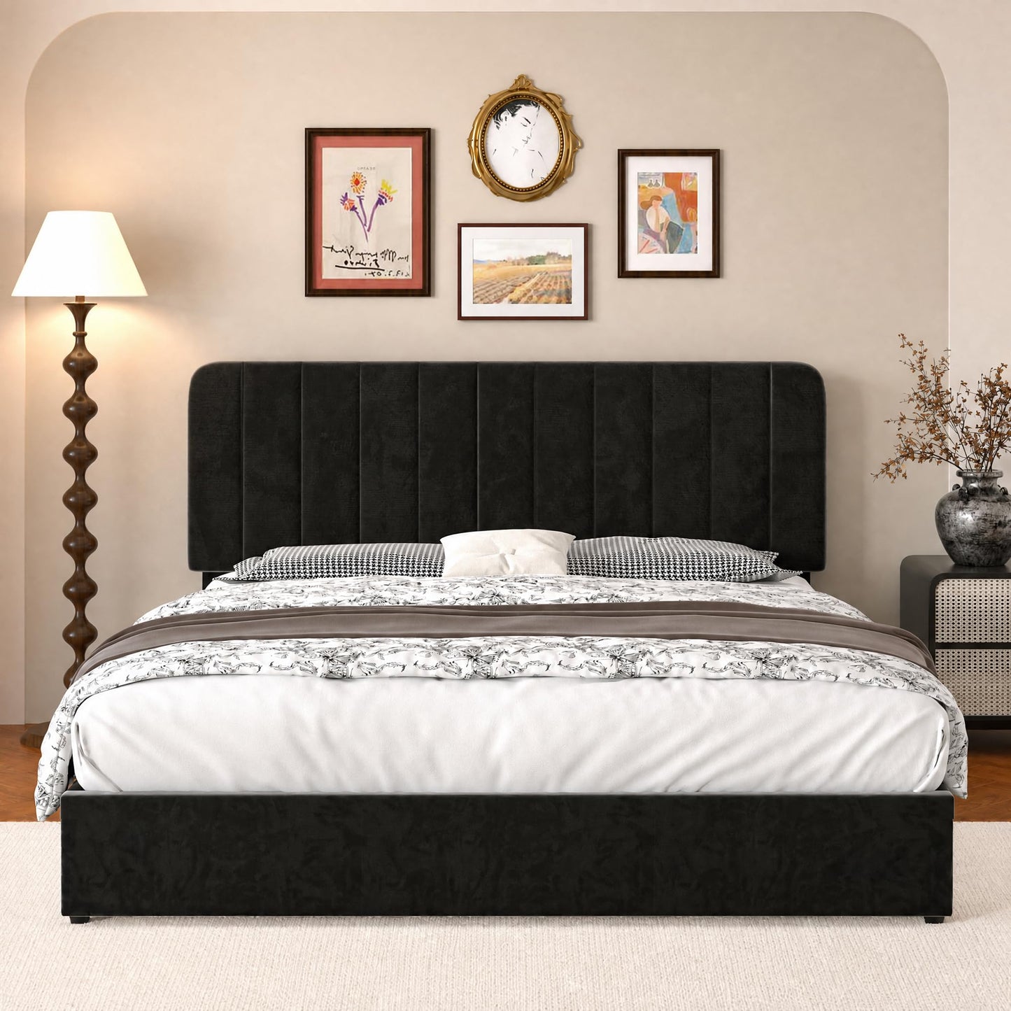 VECELO Queen Size Upholstered Bed Frame with 4 Drawers and Headboard, Velvet Platform Storage Bedframe, Wooden Slats Support, No Box Spring Needed,Black