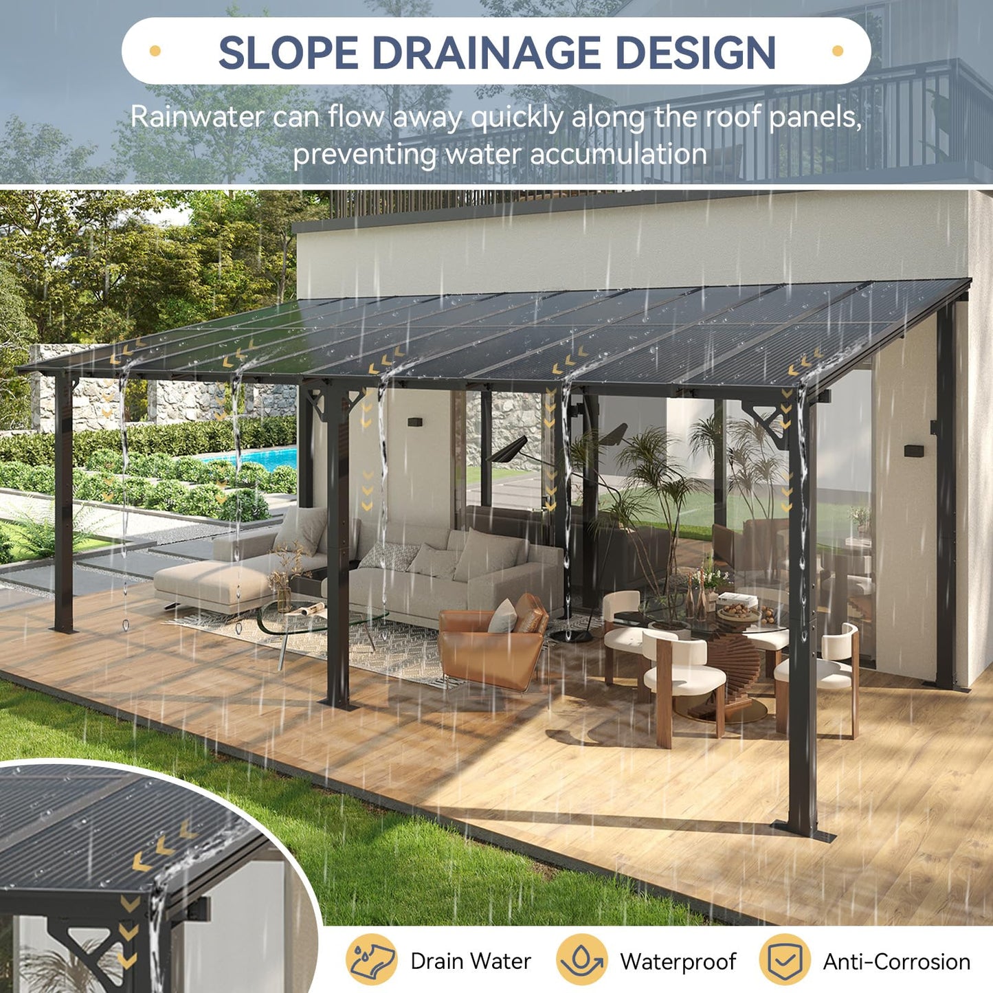 Breezestival 10' x 20' Lean to Gazebo Pergola, Hardtop Gazebo Metal Large Galvanized Steel Wall Mounted Pergolas on Clearance with Polycarbonate Roof, Awnings, Patio Canopy for Backyard, Deck, Porch