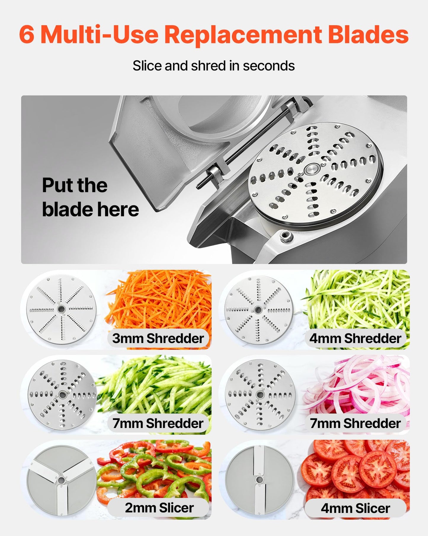 VEVOR Commercial Food Processor 2 Feeding Holes, 550W Electric Vegetable Slicer 1600 RPM, Stainless Steel Vegetable Processor Detachable 6-blades, 3mm/4mm/7mm Shred, 2mm/4mm Slice