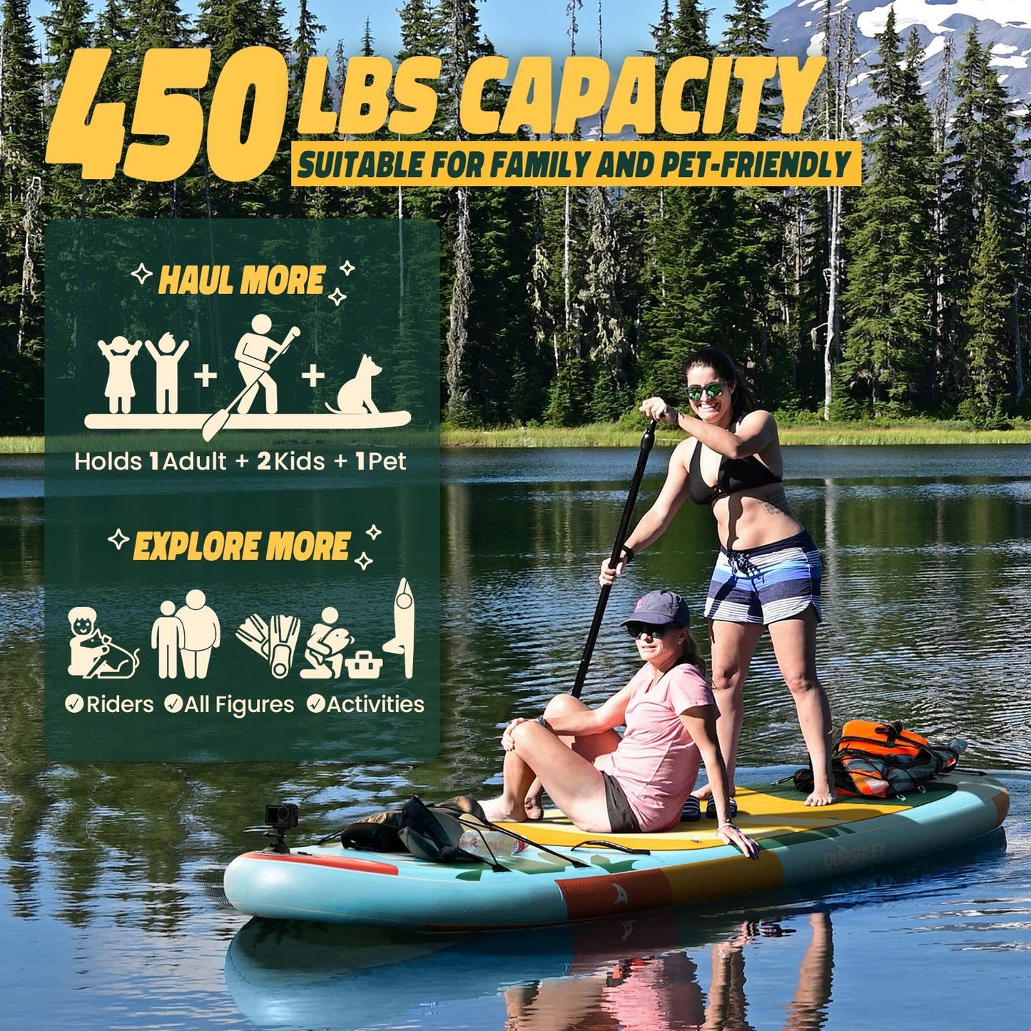 Quashley Inflatable Paddle Board 11ft?4 inch Extra Wider Stand Up Paddle Board Stable Inflatable SUP with 10L Waterproof Bag,Pump,Paddle,3 Removable Fins Leaf