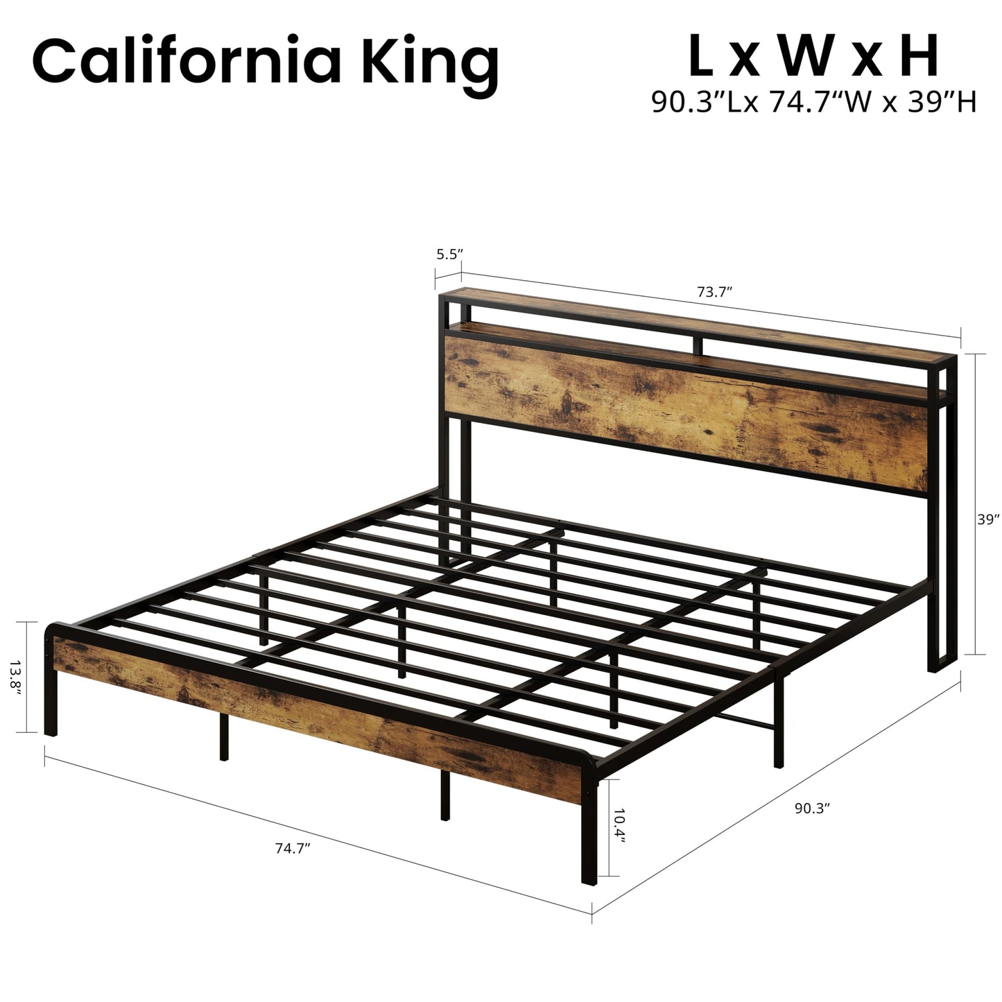 LIKIMIO California King Size Bed Frame, Platform Bed with 2-Tier Storage Headboard, Solid and Stable, Noise Free, No Box Spring Needed, Easy Assembly, Industrial Brown