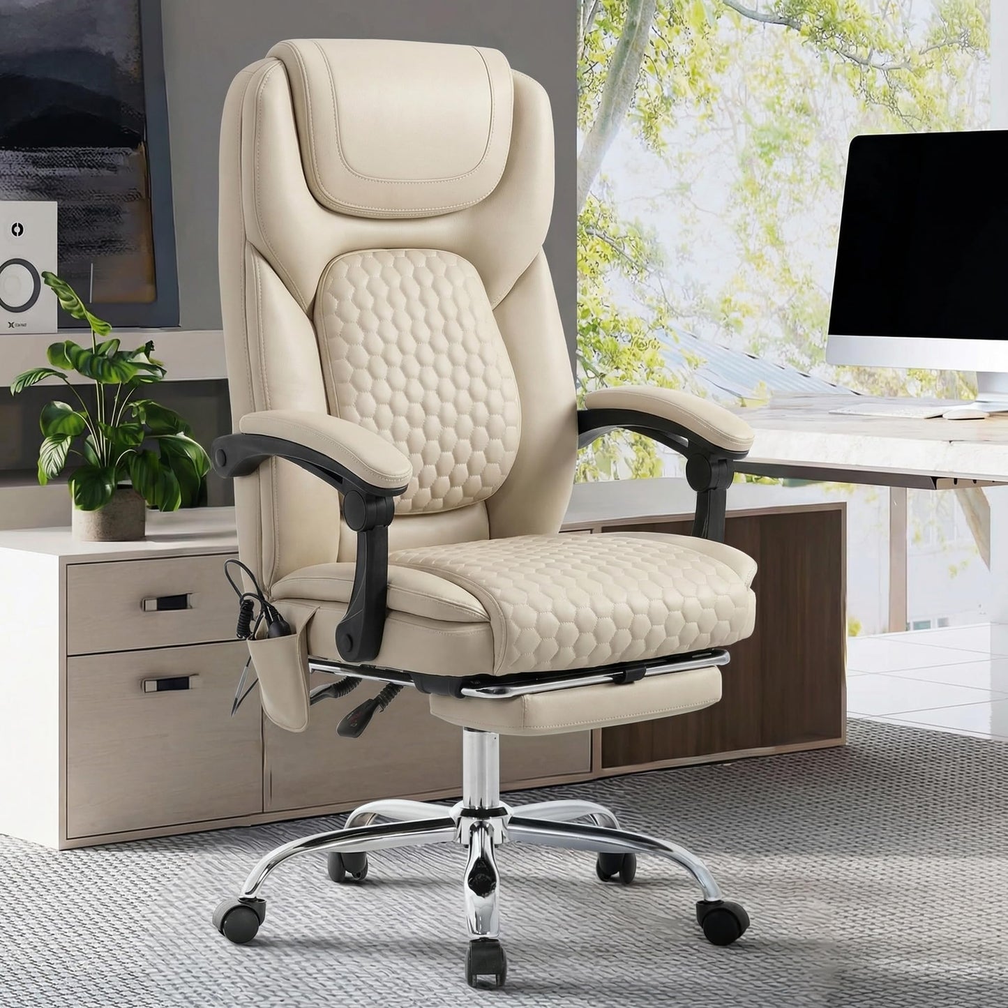 MALOL Massage Office Chair Set of 2 with Heat and Footrest - 3-Level 65°C Targeted Heating, 20-Min Assembly Leather Desk Chair, Big and Tall Executive Computer Chair with Side Pocket, 300 lbs, Beige