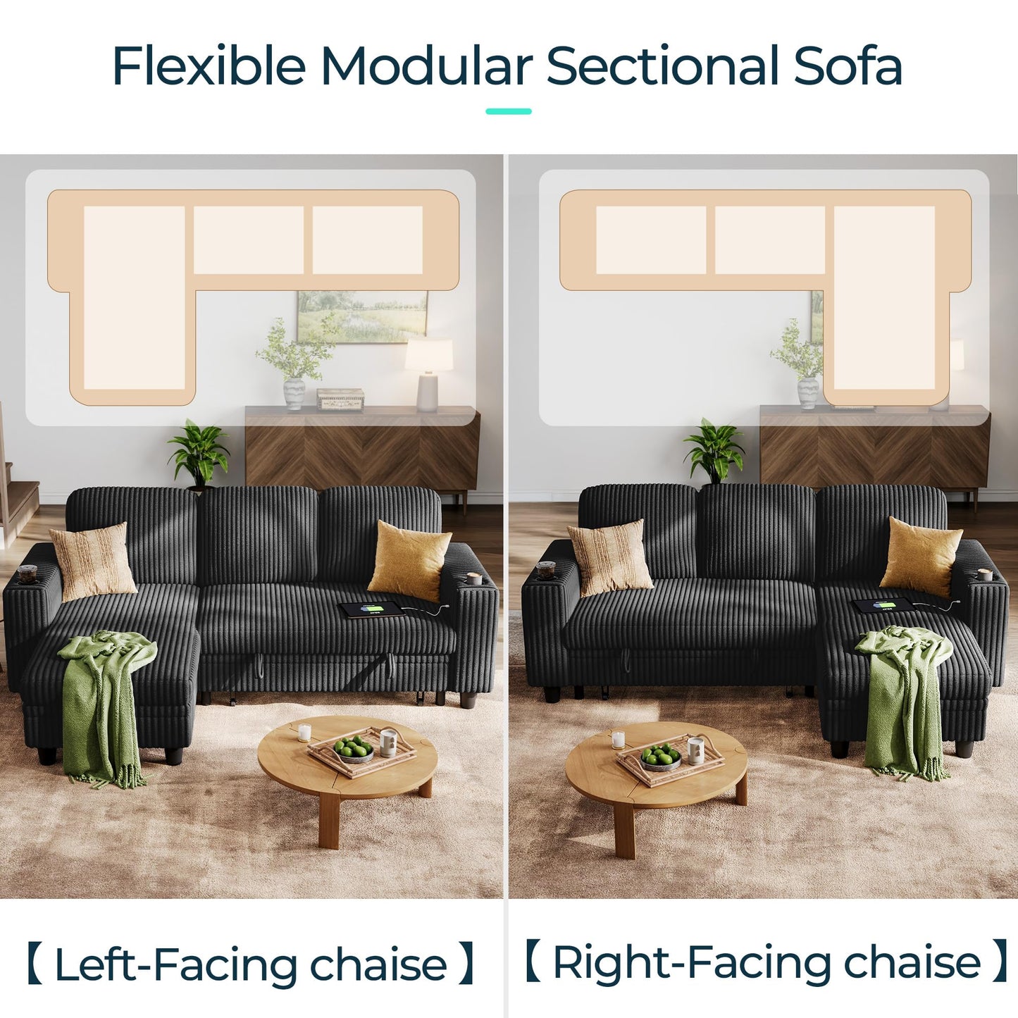 LINSY HOME Sectional Sleeper Sofa with Pull Out Couch Bed - Convertible Plush Corduroy Cloud Couch with Storage Chaise & USB Charging, Comfy L Shaped Modular Couches for Living Room Apartment, Black