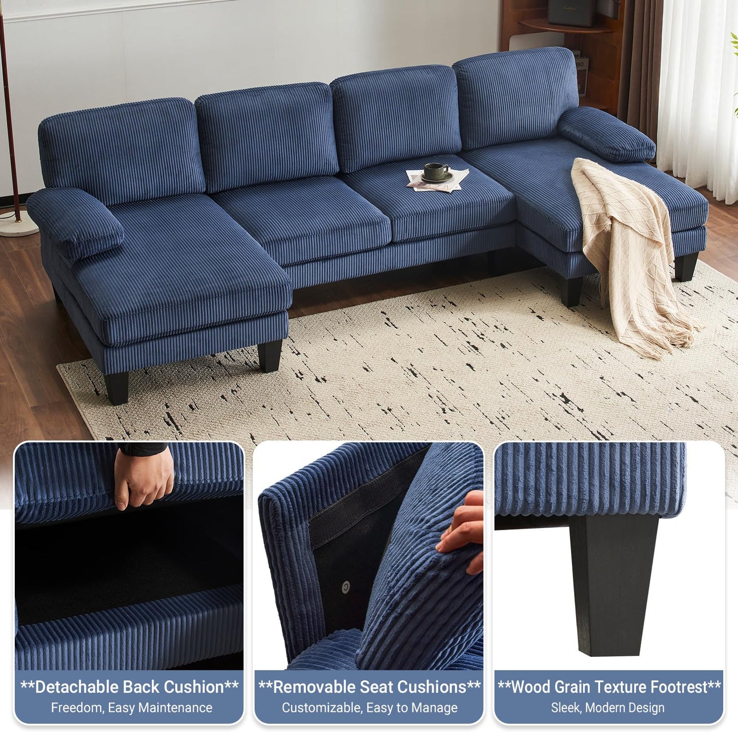 VINGLI 110" Sectional Couches for Living Room,U Shaped Couch with Double Chaise, 4-Seat Sofa Set with Corduroy Fabric for Home Furniture,Ocean Blue