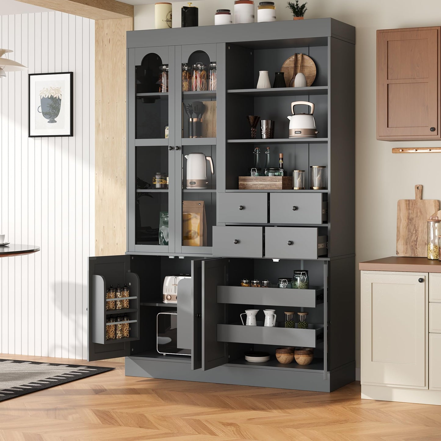 Merax Wood Kitchen Pantry with 4 Drawers, 3 Cabinets and Hutch, Tall Cupboard Dining Storage Cabinet with Door Shelves and Pull-Out Trays for Living Room, Kitchen, Dining Room Gray