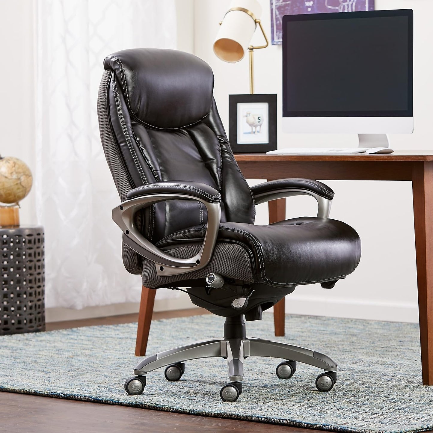Serta Lautner Executive Home Office Desk Chair, Ergonomic High-Back with Adjustable Lumbar and Body Pillows, SmartLayers and ComfortCoils Technology, Mesh and Bonded Leather, Black and Gray