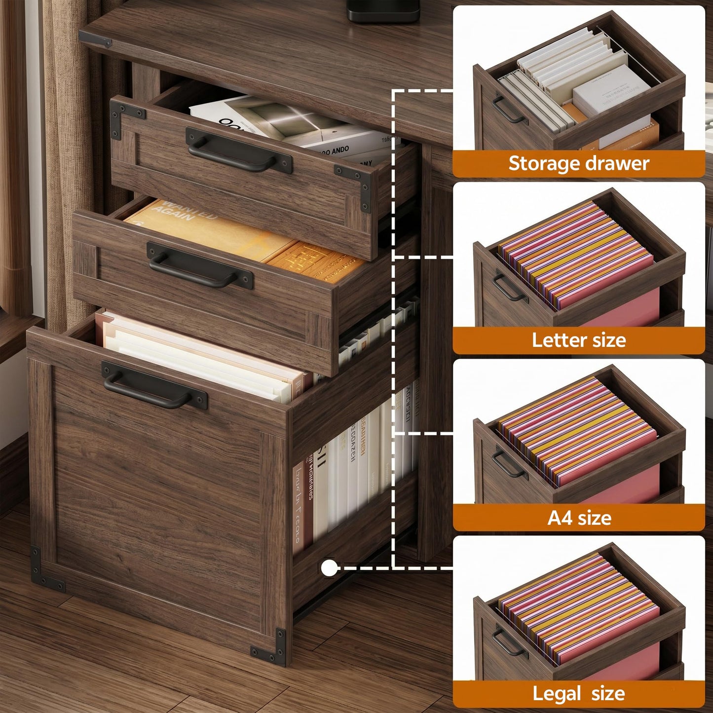 Homiflex Farmhouse Office Desk with Power Outlet & Monitor Stand, 63'' Home Computer Desk with 2 Drawers, File Cabinet, Storage Cabinet, Executive Desk for Work, Study, Writing, Gaming, Walnut