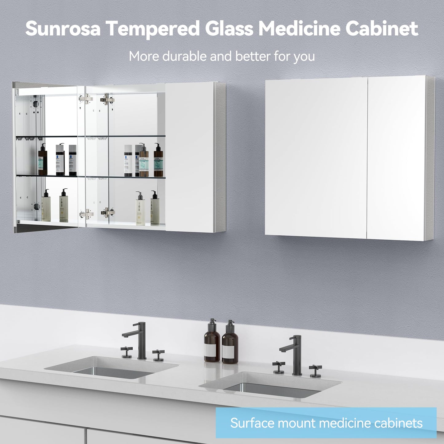 Sunrosa Medicine Cabinet with Mirror, 30" W x 31.5" H, 2 Asymmetrical Doors, Wall-Mounted & Recessed Bathroom Medicine Cabinet with Tempered Glass Mirror