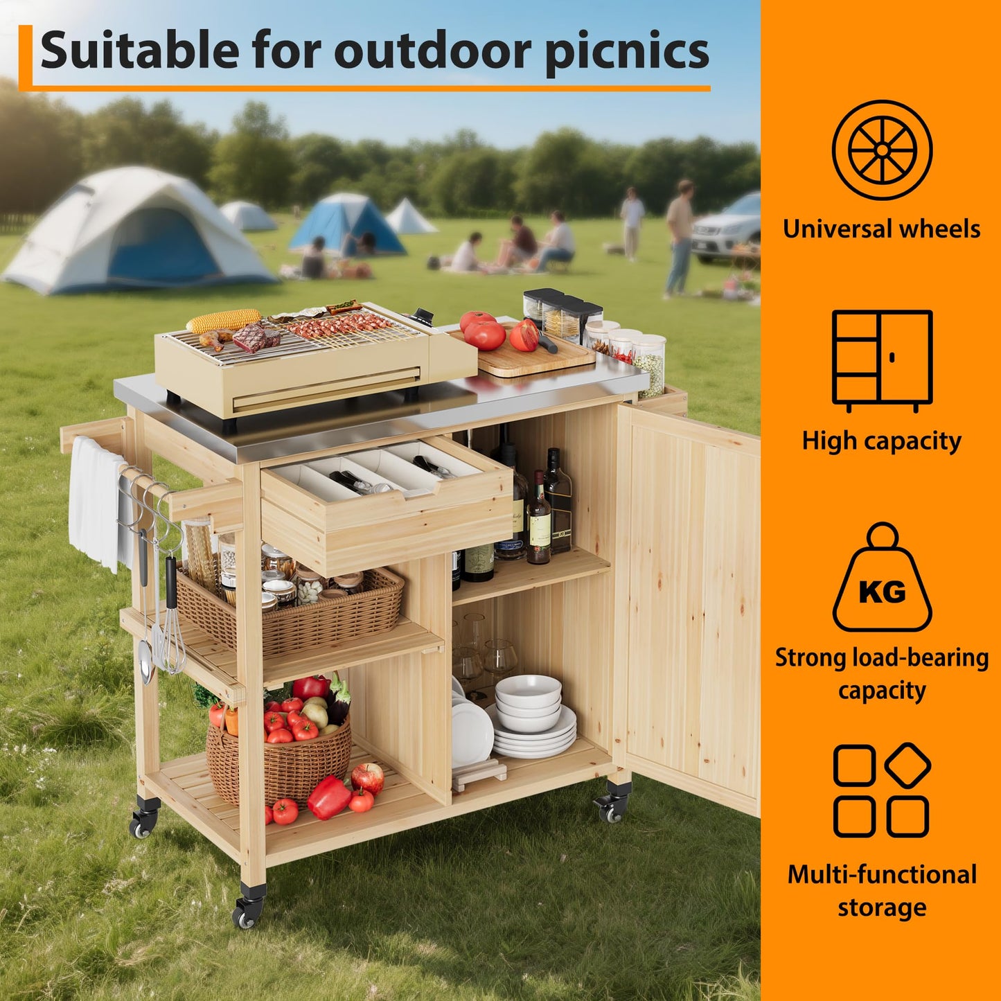 Outdoor Grill Cart with Wheels & Storage Cabinet – Movable Stainless Steel BBQ Prep Table, Portable Kitchen Island for Grilling, Backyard, Patio, Camping – Heavy Duty Dining Cart for Food Prep