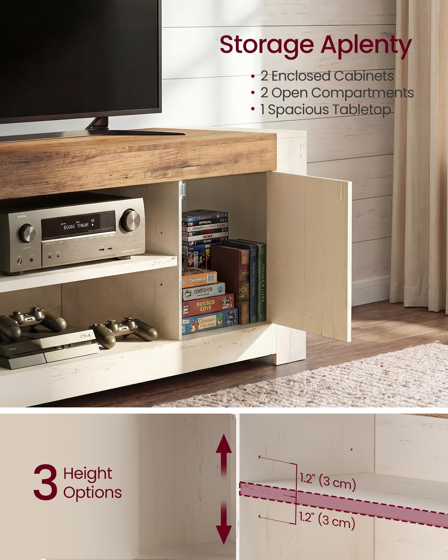 VASAGLE TV Stand, Farmhouse Entertainment Center with Storage Cabinets, Media Console Table for Living Room, Bedroom, for 80 Inch TV, 70 x 15.7 x 23.6 Inches, Rustic White and Honey Brown ULTV624W201S