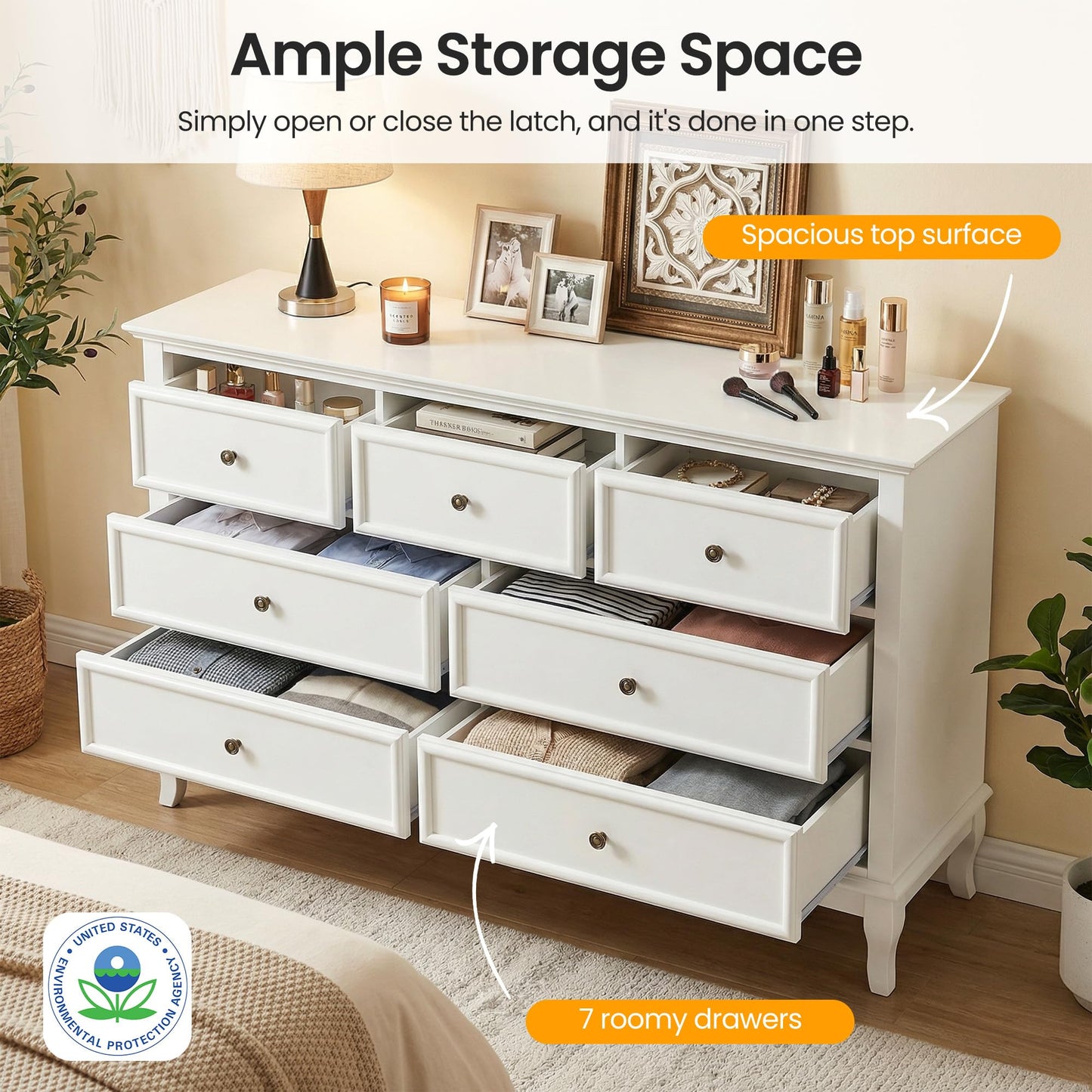 RoyalCraft 53" Wide 7 Drawer Dresser, White Dresser for Bedroom, Modern White Chest of Drawers with Solid Wood Legs and Painted Finish, Wooden Storage Closet Cabinet Organizer for Hallway, Living Room