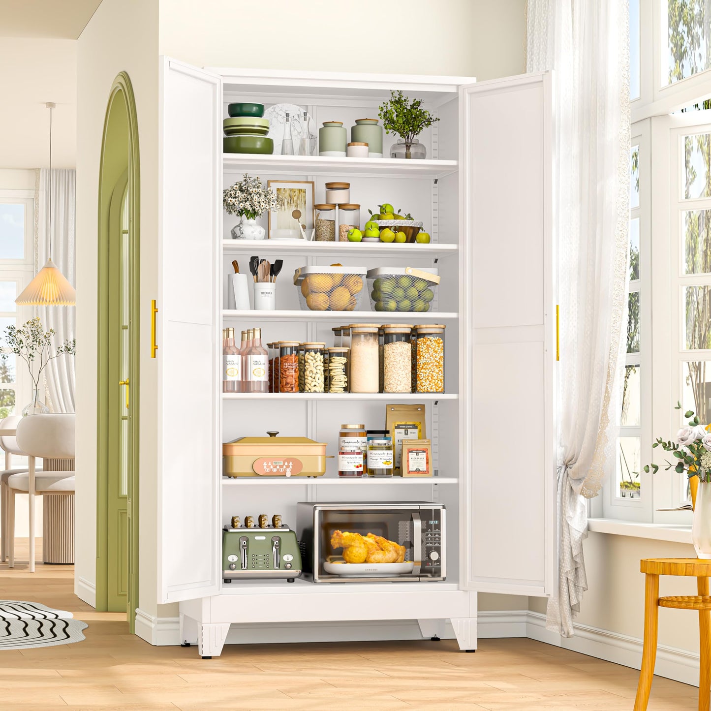 GAIOUS 75.2" Tall Metal Storage Cabinet with 2 Doors and 5 Adjustable Shelves, New upgrade Kitchen Pantry Cabinet, White Freestanding Cupboard, 6 Tier Steel Storage for Office, Kitchen, Dining, Garage