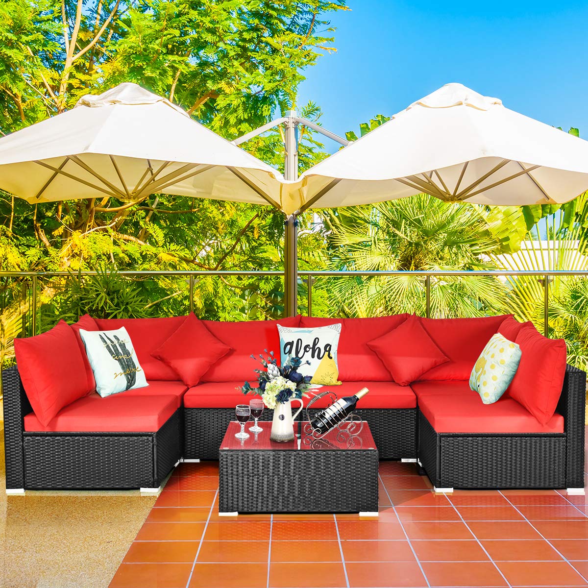COSTWAY 7 Pieces Patio Furniture Set, Outdoor Rattan Conversation Set with 6 Seats, Coffee Tea Table, Soft Cushions, Wicker Patio Sectional Sofa for Garden Balcony Porch Poolside, Red