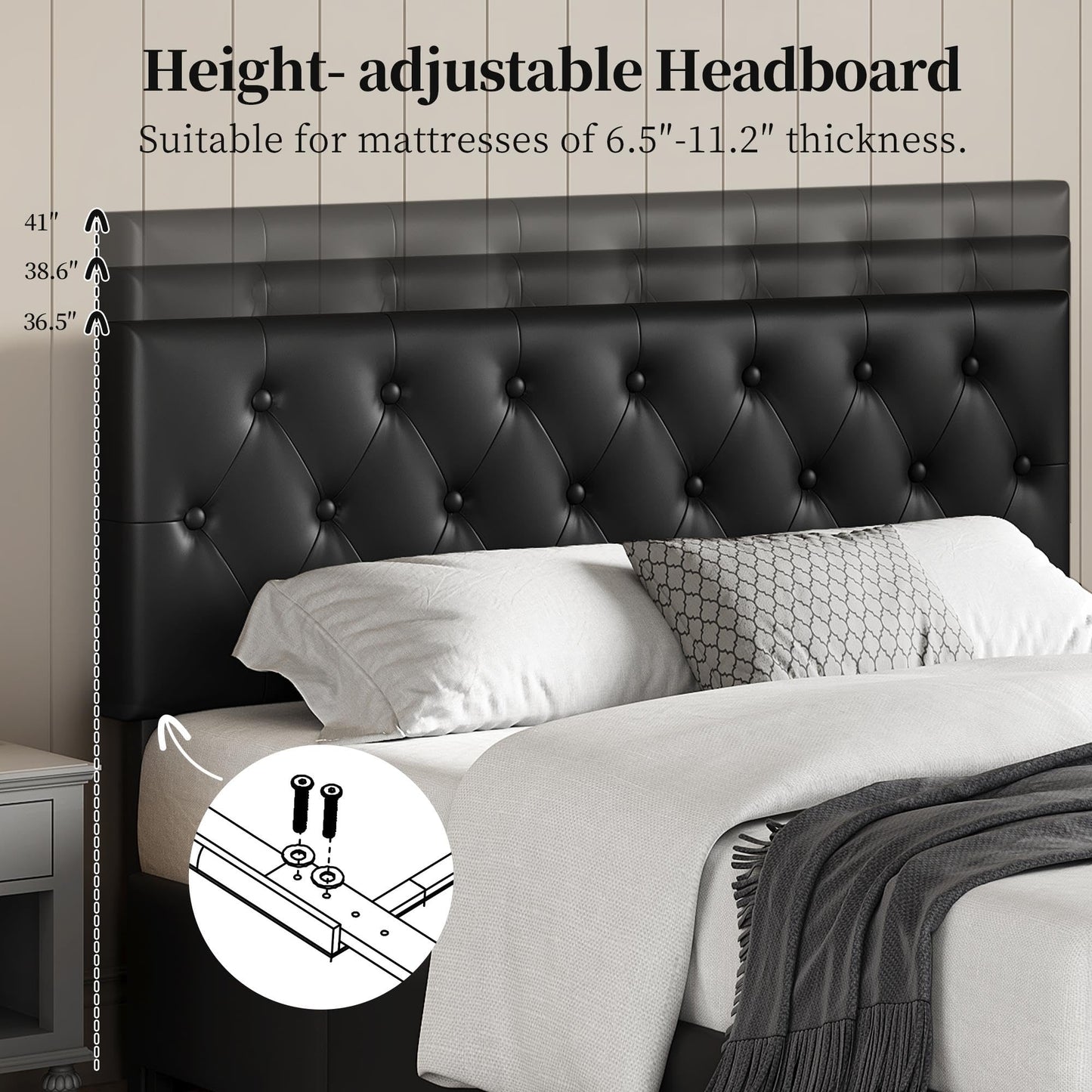 Yaheetech Queen Bed Frame Upholstered Bed Frame with Adjustable Diamond Button-Tufted Headboard/3 Drawers Storage, Queen Platform Bed/Strong Wooden Slats, Black Queen Bed