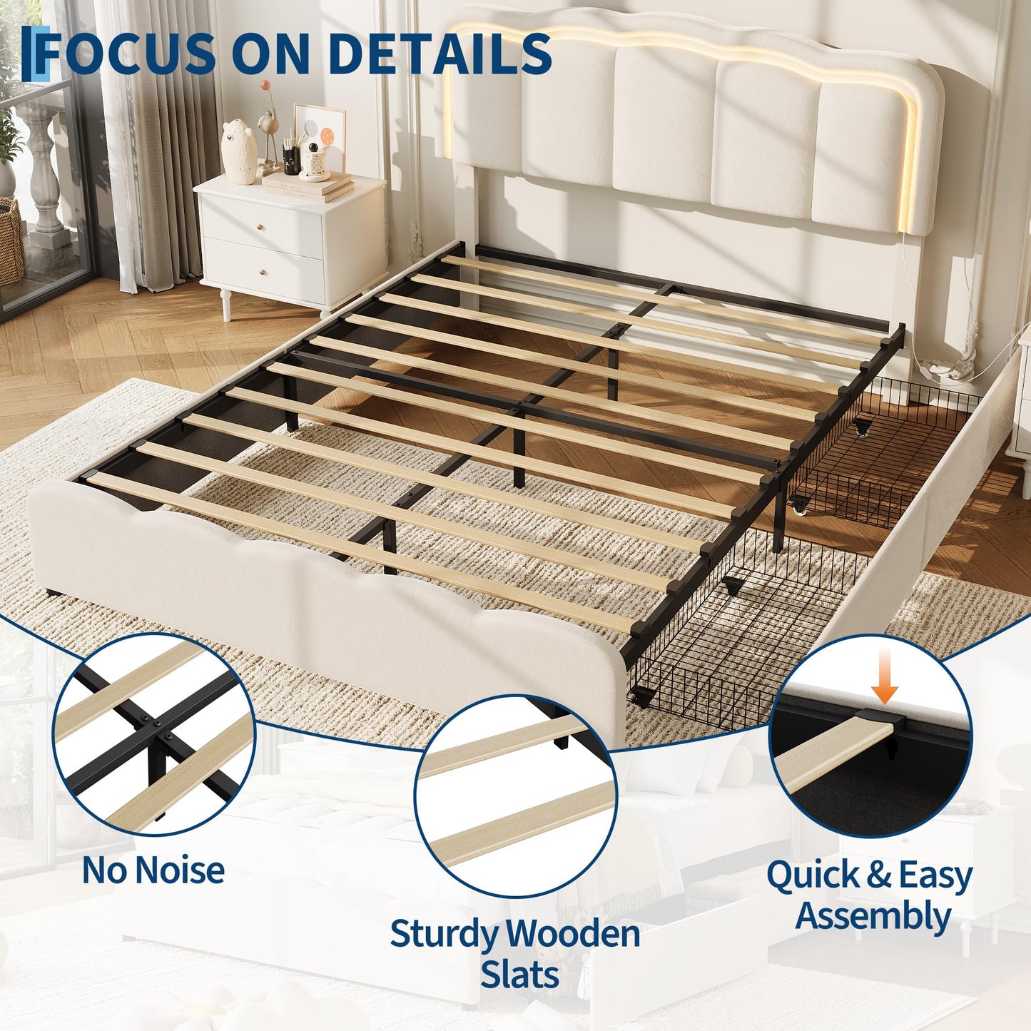 Garvee Queen Size Bed Frame with 2 Storage Drawers and LED Lights, Upholstered Platform Queen Bed with Adjustable Headboard, Wooden Slats Support, No Box Spring Needed, Easy Assembly, White