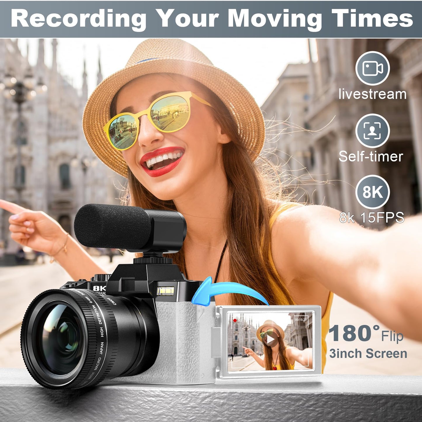 8K Digital Cameras for Photography, 64MP Vlogging Camera with 180°Flip Screen，2 Batteries, 64GB TF Card，16X Zoom, WiFi,Microphone, Wide & Macro Lens Kit (Black) (White)