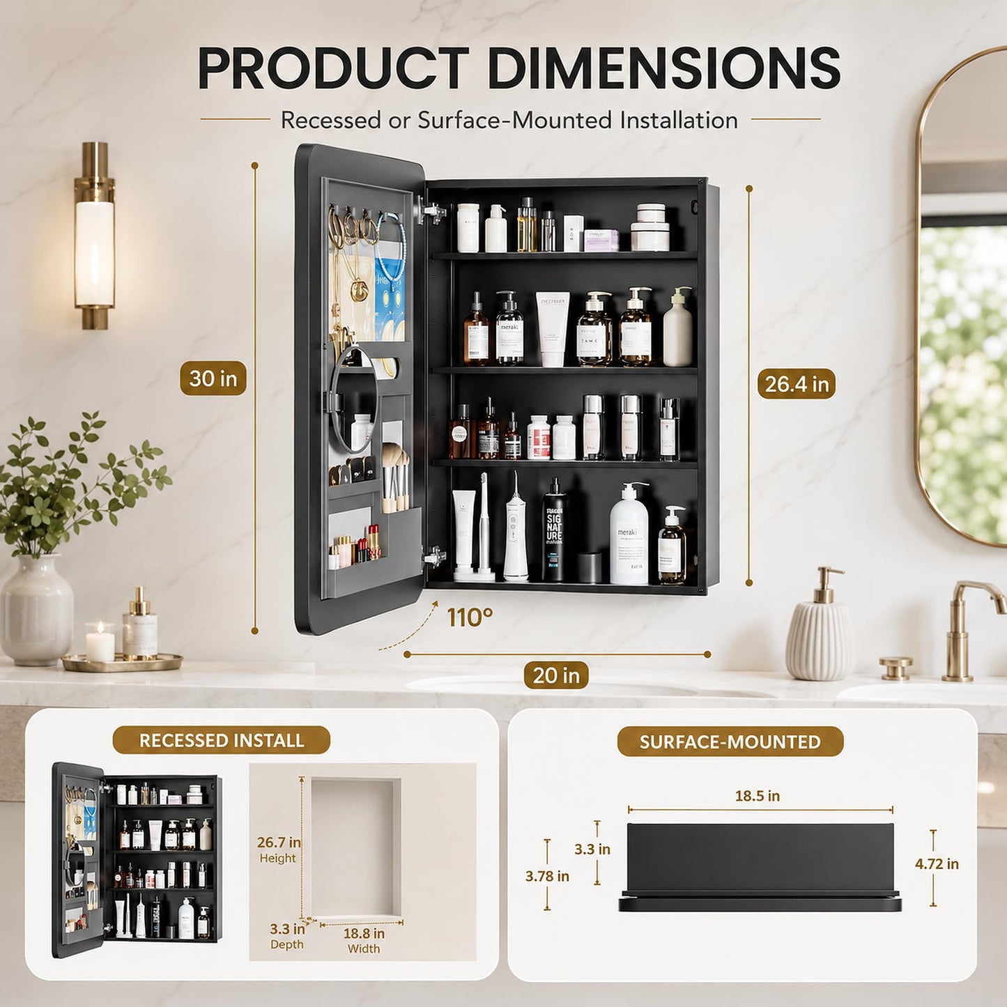 MemoCastle Medicine Cabinet with Mirror, 20x30 Inch Aluminum Bathroom Cabinet with Adjustable Shelves, Built-in Makeup Storage, Recessed or Surface Mount, Soft Close Hinges, Matte Black