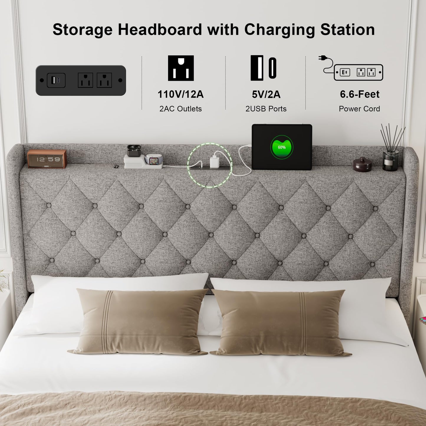 Feonase Queen Bed Frame with Storage & Charging Station - Hydraulic Lift Up Platform Bed, Upholstered Button Tufted Headboard, Sturdy Wooden Slats, Noise-Free, No Box Spring Needed,Light Gray