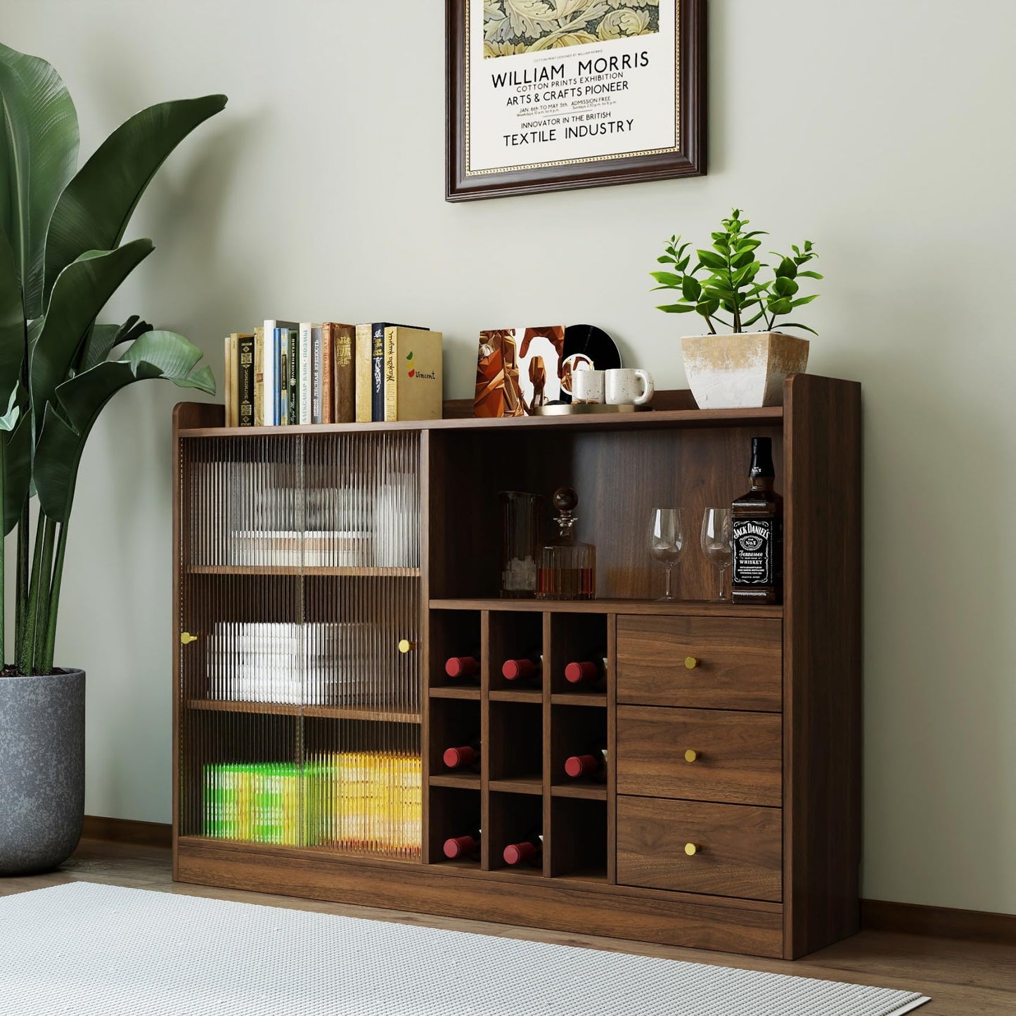 KEIKI Kitchen Sideboard Buffet Storage Cabinet with 2 Glass Sliding Door, Wine Bottles Rack, 3 Drawers, Display Shelves, Wood Coffee Bar Dinning Room Pantry