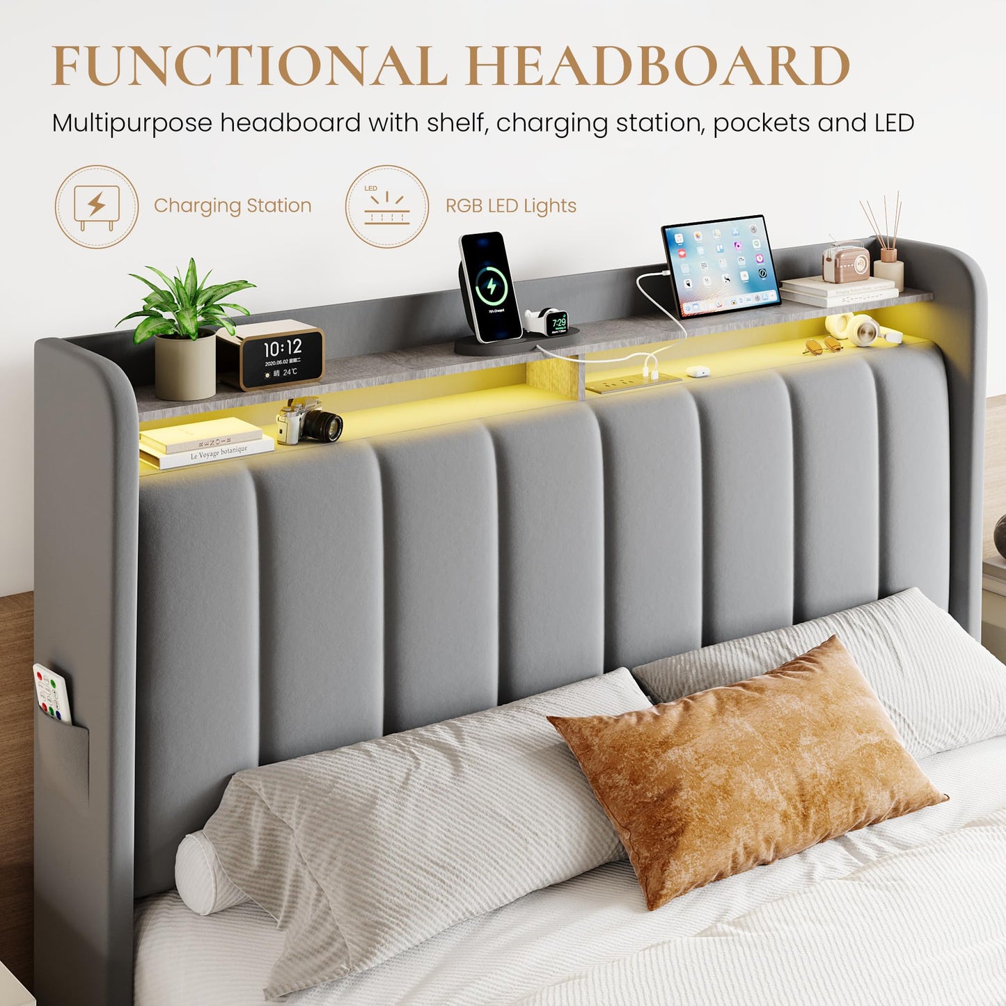 SHA CERLIN Velvet Queen Bed Frame with Vertical Channel Tufted Wingback Headboard & 2 Storage Drawers/2-Tier Shelves with LED Lights & Charging Station/Noise-Free/No Box Spring Needed/Light Grey