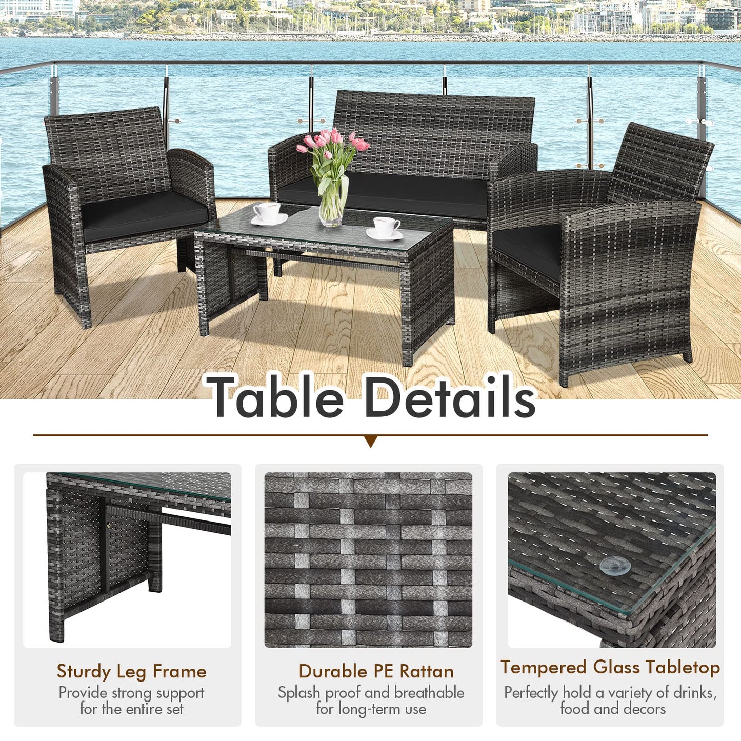 Giantex 4 Pc Patio Conversation Set, Rattan Loveseat & Patio Chairs with Cushioned Seat, Wicker Coffee Table, Outdoor Furniture Set for Front Porch Poolside Garden Lawn