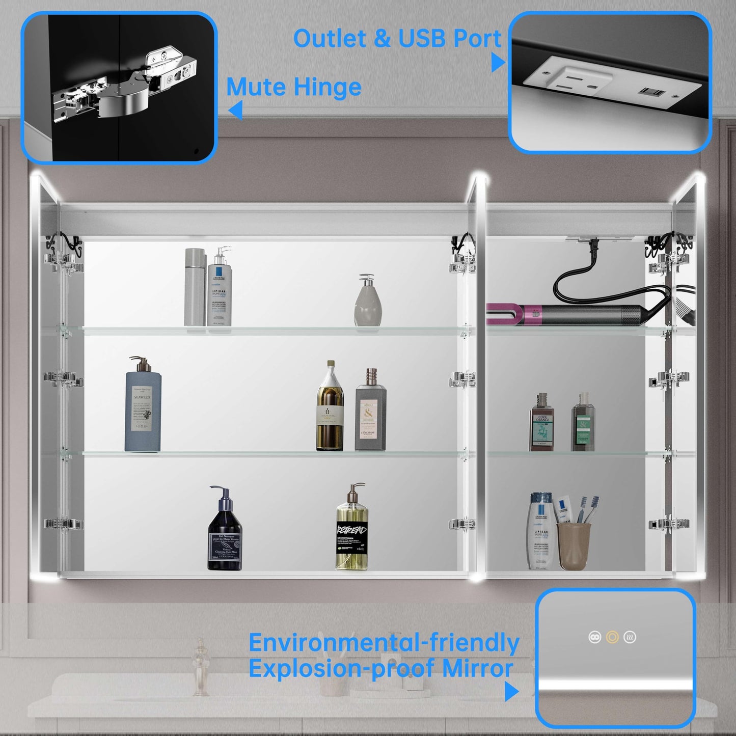 tunuo Recessed Medicine Cabinets for Bathroom with Mirror, Only Recessed Medicine Cabinet with Defogger, Dimmer, Outlets & USB, Three Doors