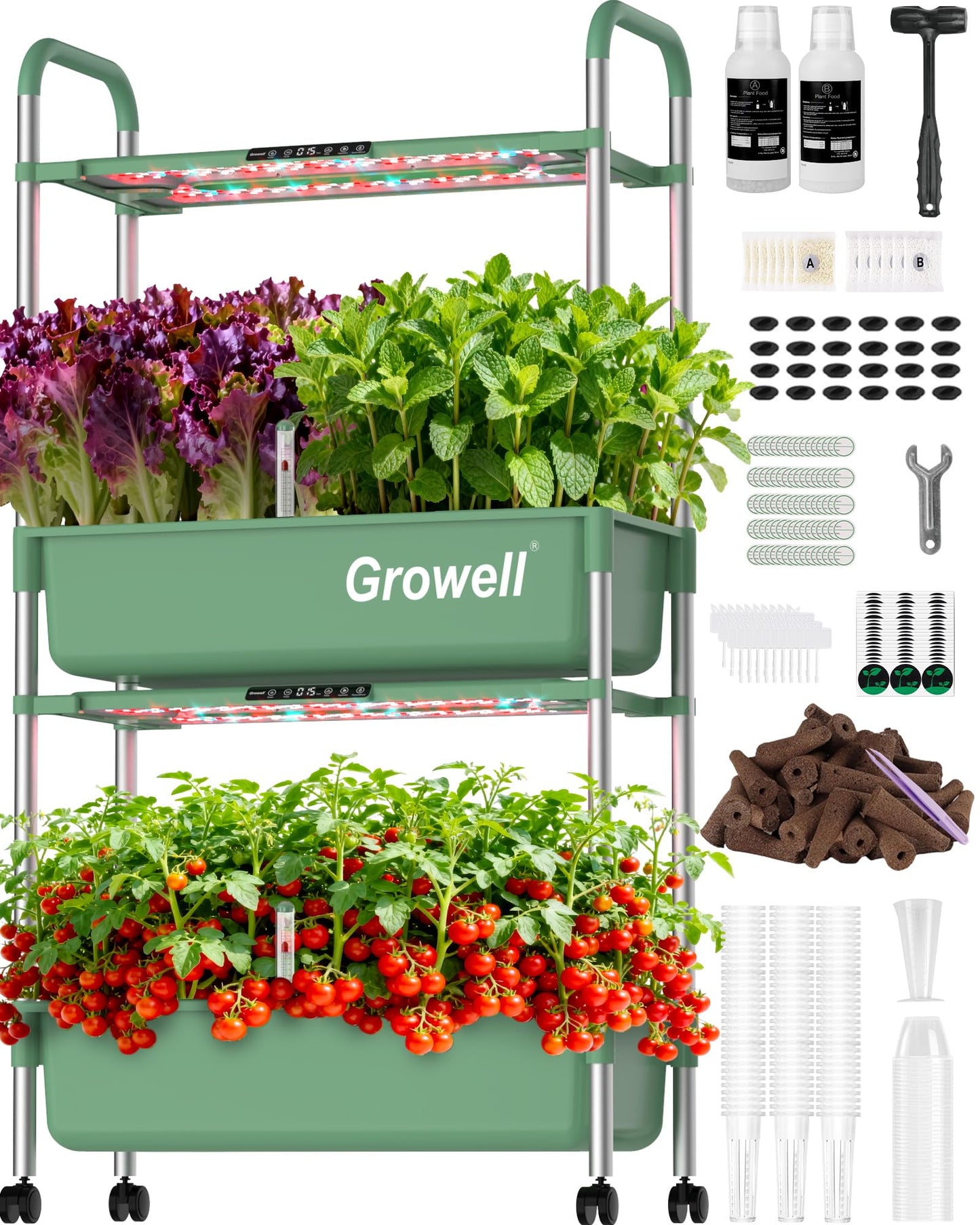 Growell Large Hydroponics Growing System Kit, 54 Pods Vertical Indoor Herb Garden Kit with LED Grow Light & Independent Water Pump, 28L Movable Indoor Planter Perfect Gardening Gifts (2 Tier-Green)