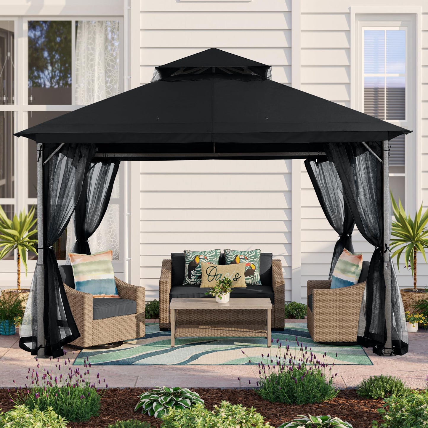 MASTERCANOPY Outdoor Patio Gazebo with Double Roofs, Stable Steel Frame and Mosquito Netting (11x11,Black)
