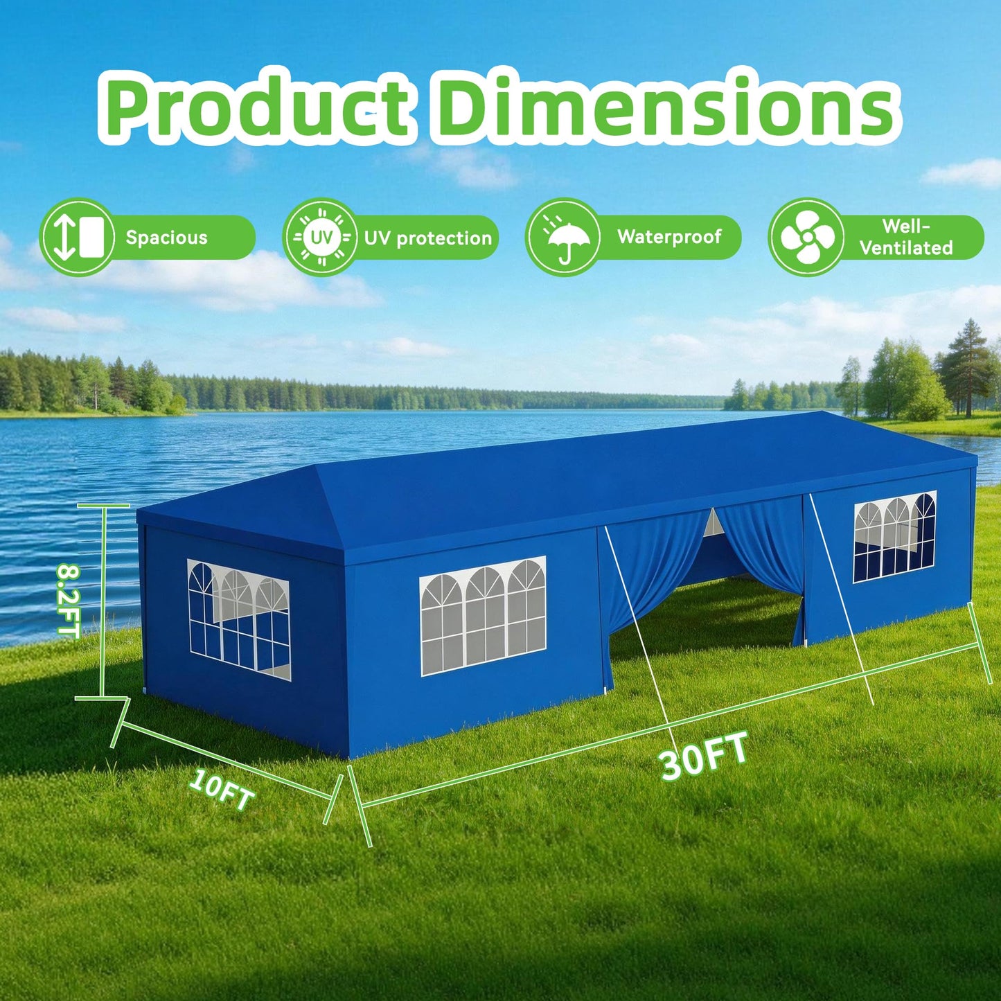 10' x 30' Outdoor Canopy Tents with 8 Detachable Sidewalls, Blue Patio Gazebo Tents, Shade Shelters for Birthday, Events, Party, Wedding, Gatherings and Patio