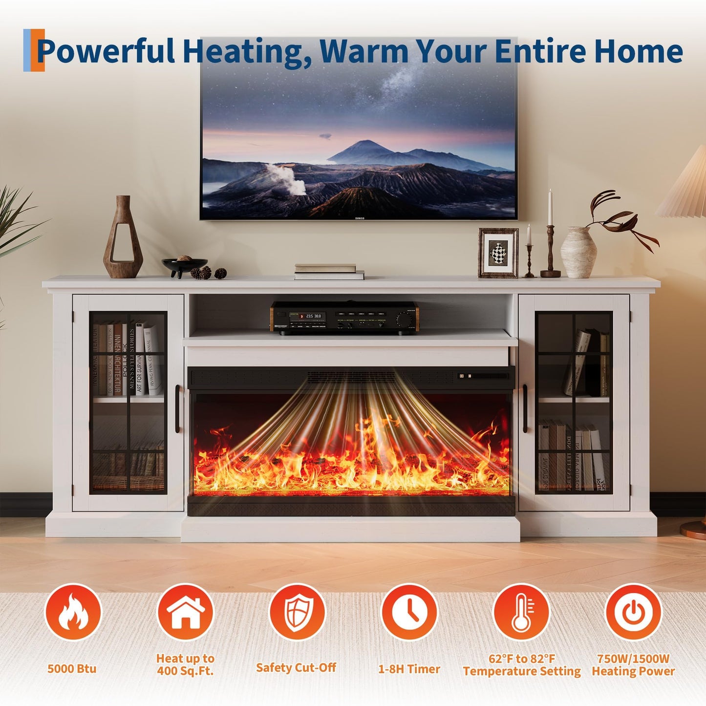 Fireplace TV Stand with 3-Sided Glass, Adjustable LED Flame, Glass Doors & Storage Shelves, Modern Farmhouse Entertainment Center for TVs Up to 85", Electric Fireplace Console Table for Living Room
